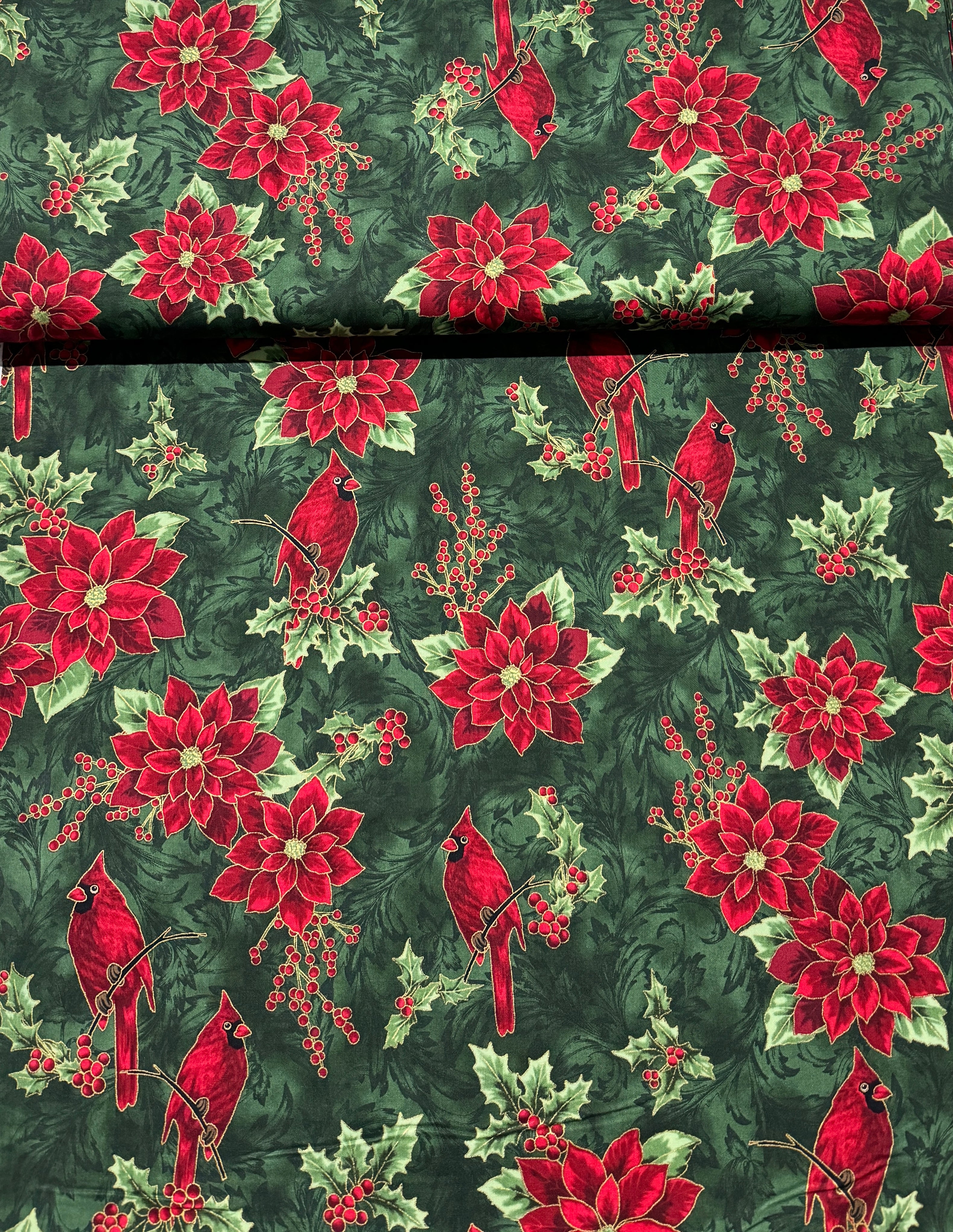 Holiday Wishes - Cardinal Poinsettia Hunter/Gold Metallic Yardage