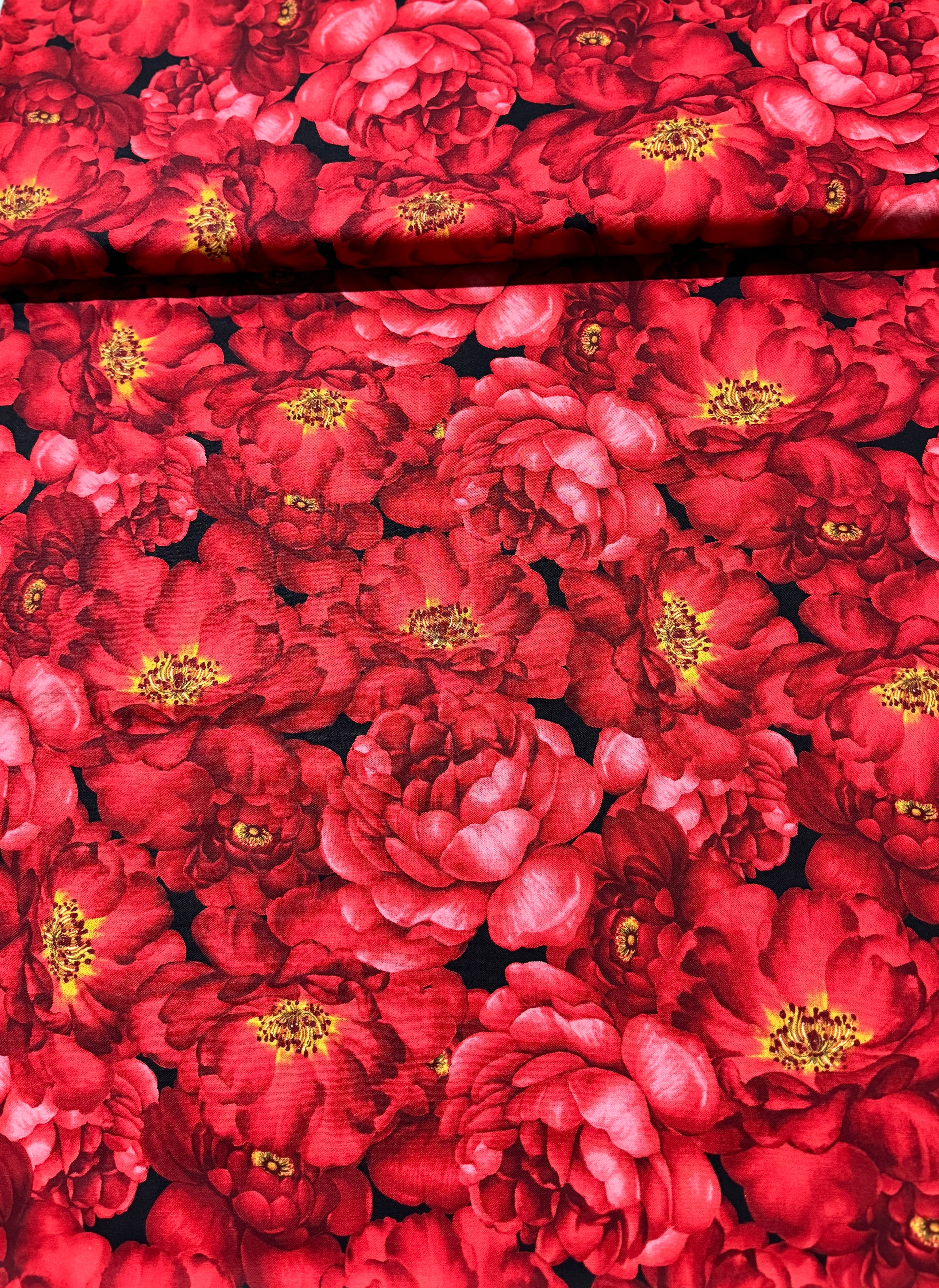 Garden Rose - Packed Large Red Roses on Black Yardage