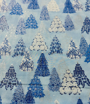 Holiday Flourish-Snow flower - Winter Trees Blue Metallic Yardage