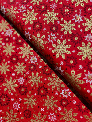 Merry & Bright - Elegant Snowflakes Red/Gold Metallic Yardage