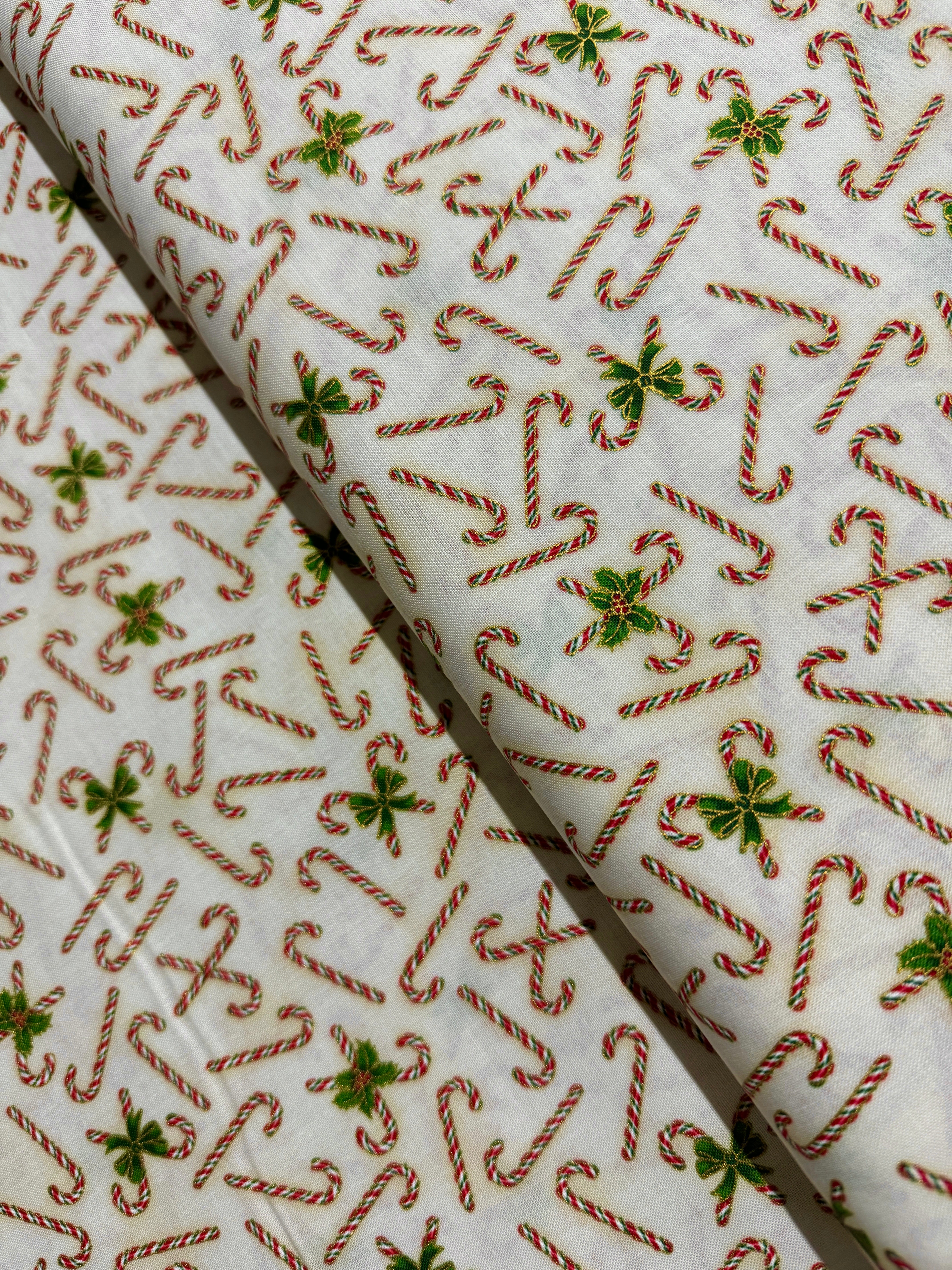 Holiday Charms - Candy Canes Ivory Gold Metallic Yardage