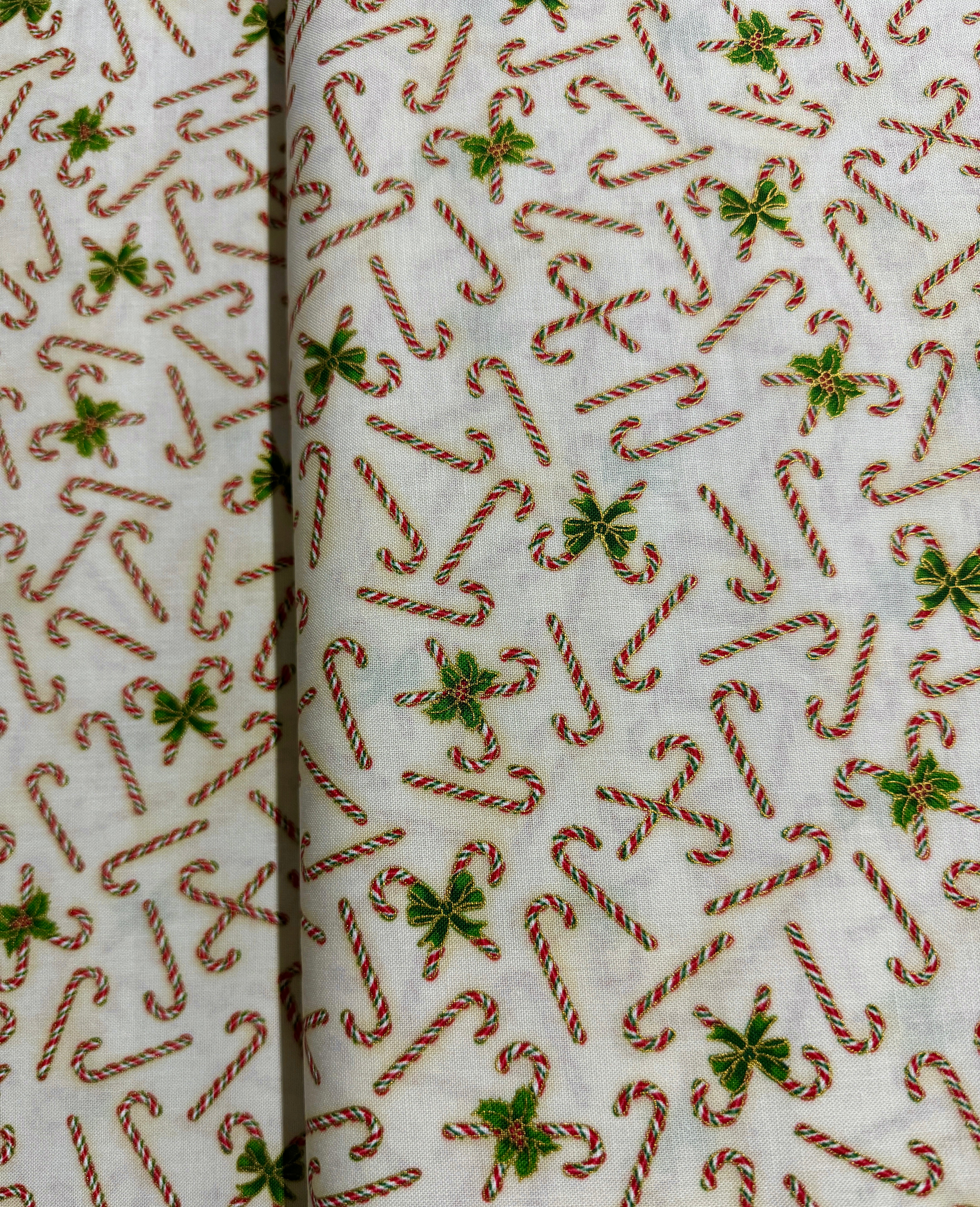 Holiday Charms - Candy Canes Ivory Gold Metallic Yardage