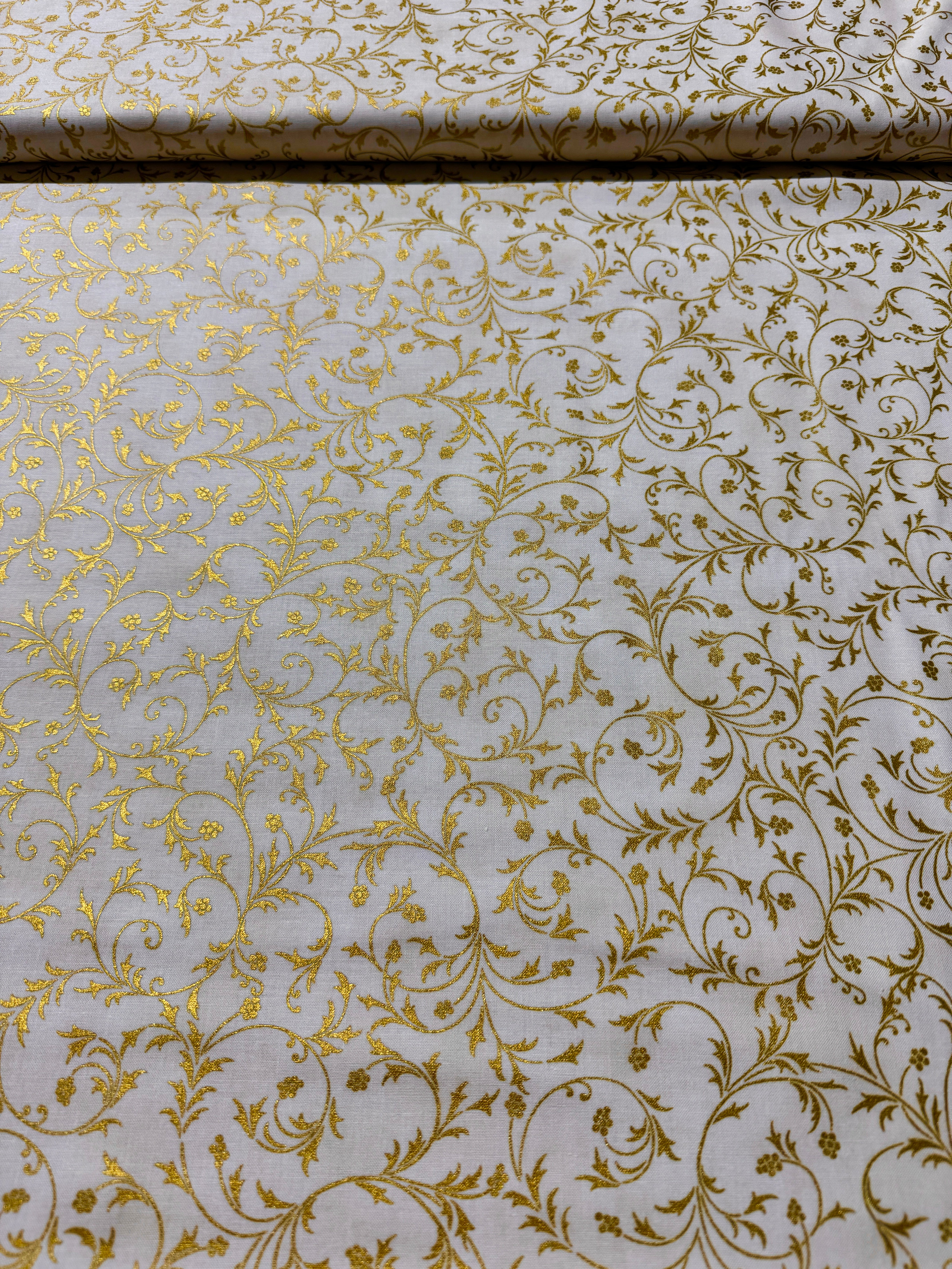 Holiday Flourish-Snow flower - Swirls Cream Metallic Yardage