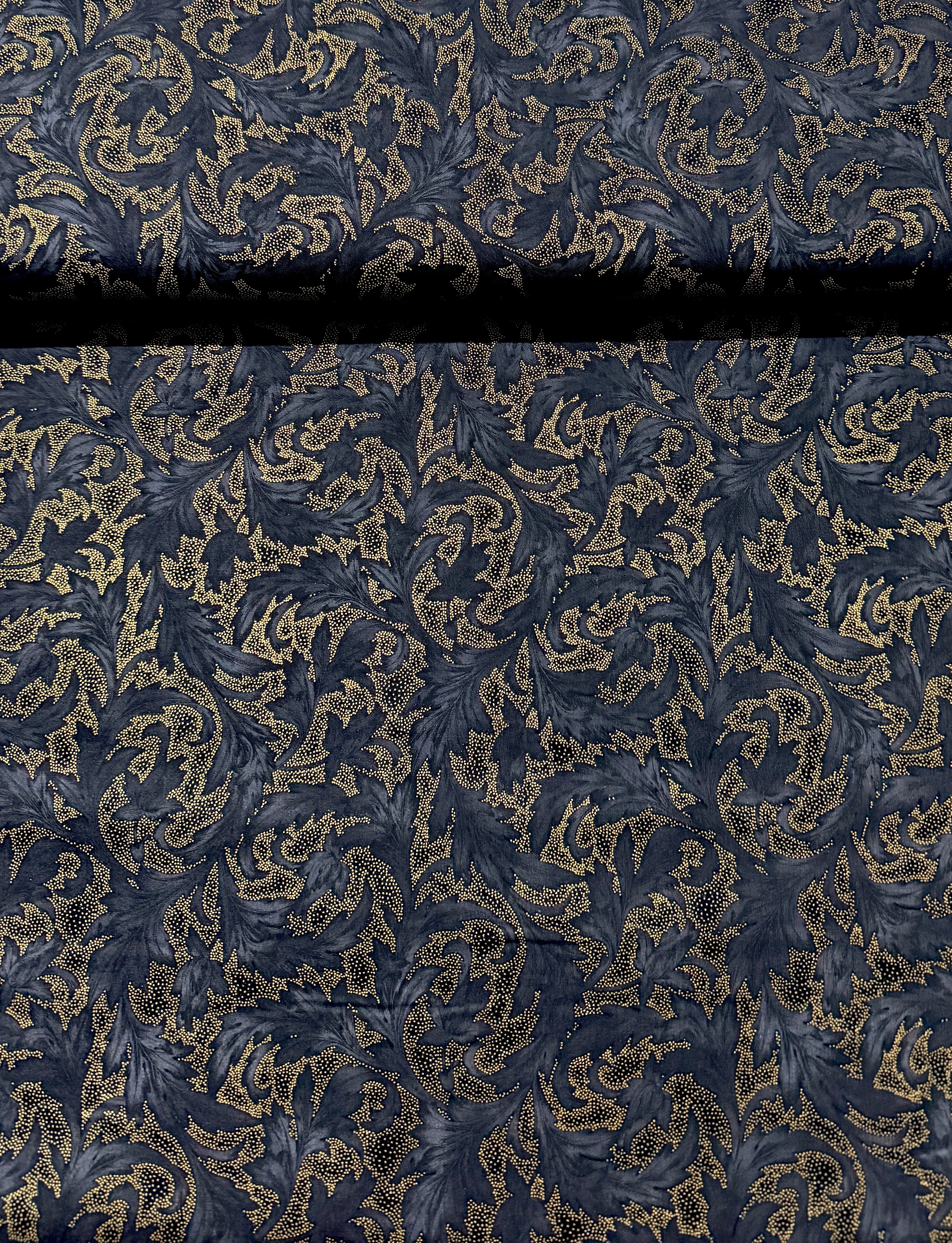 Holiday Wishes - Damask Black/Gold Metallic Yardage