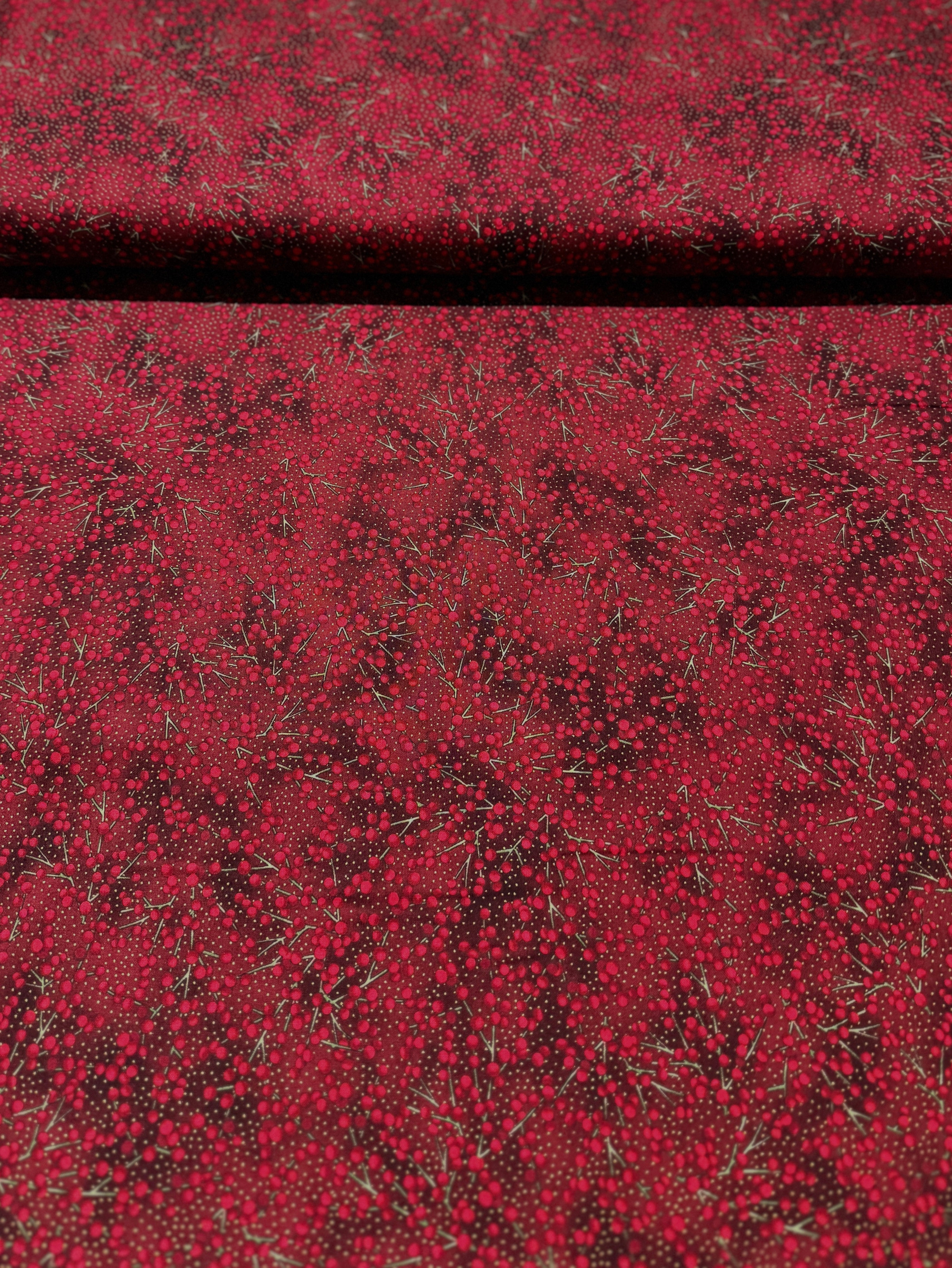 Holiday Wishes - All Over Berries Scarlet/Gold Metallic Yardage