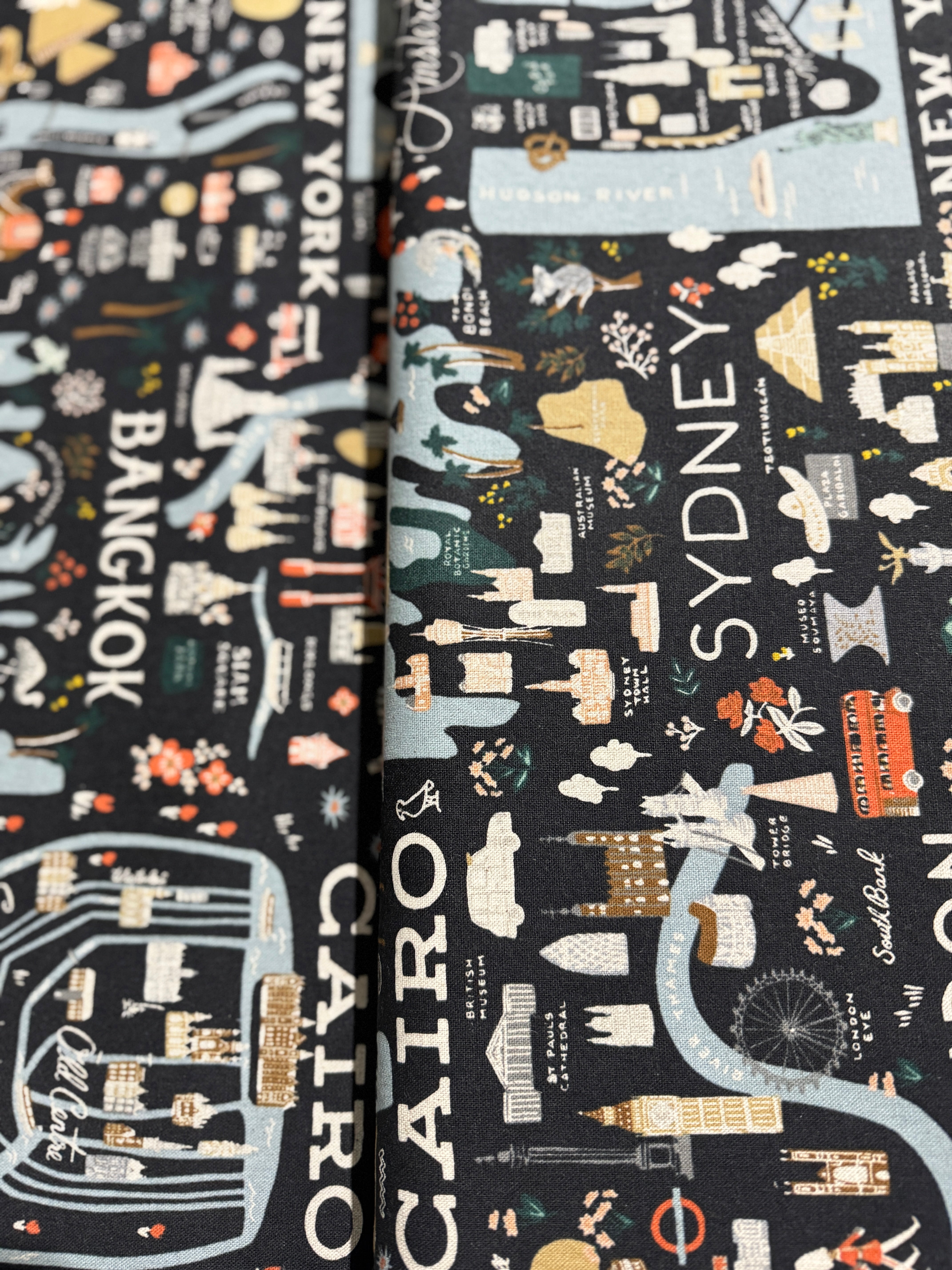 Bon Voyage - City Guide Black Unbleached Canvas Yardage