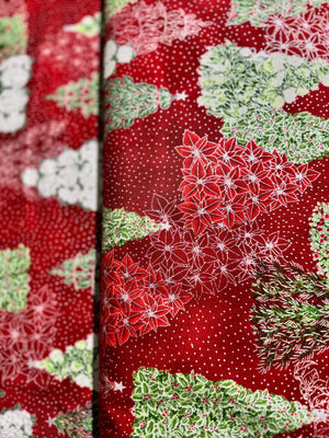 Holiday Flourish-Snow flower - Winter Trees Burgundy Metallic Yardage