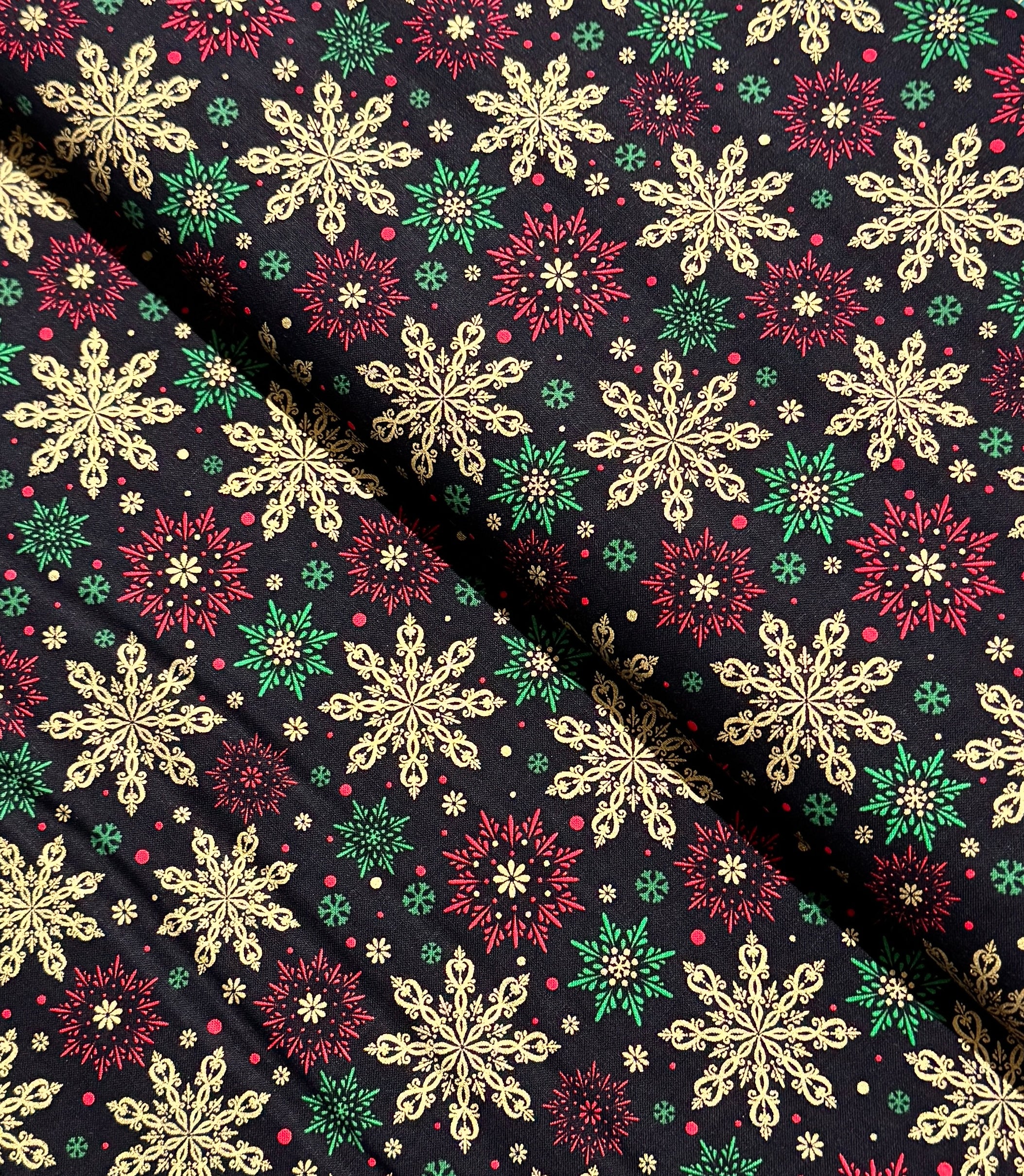 Merry & Bright - Elegant Snowflakes Black/Gold Metallic Yardage