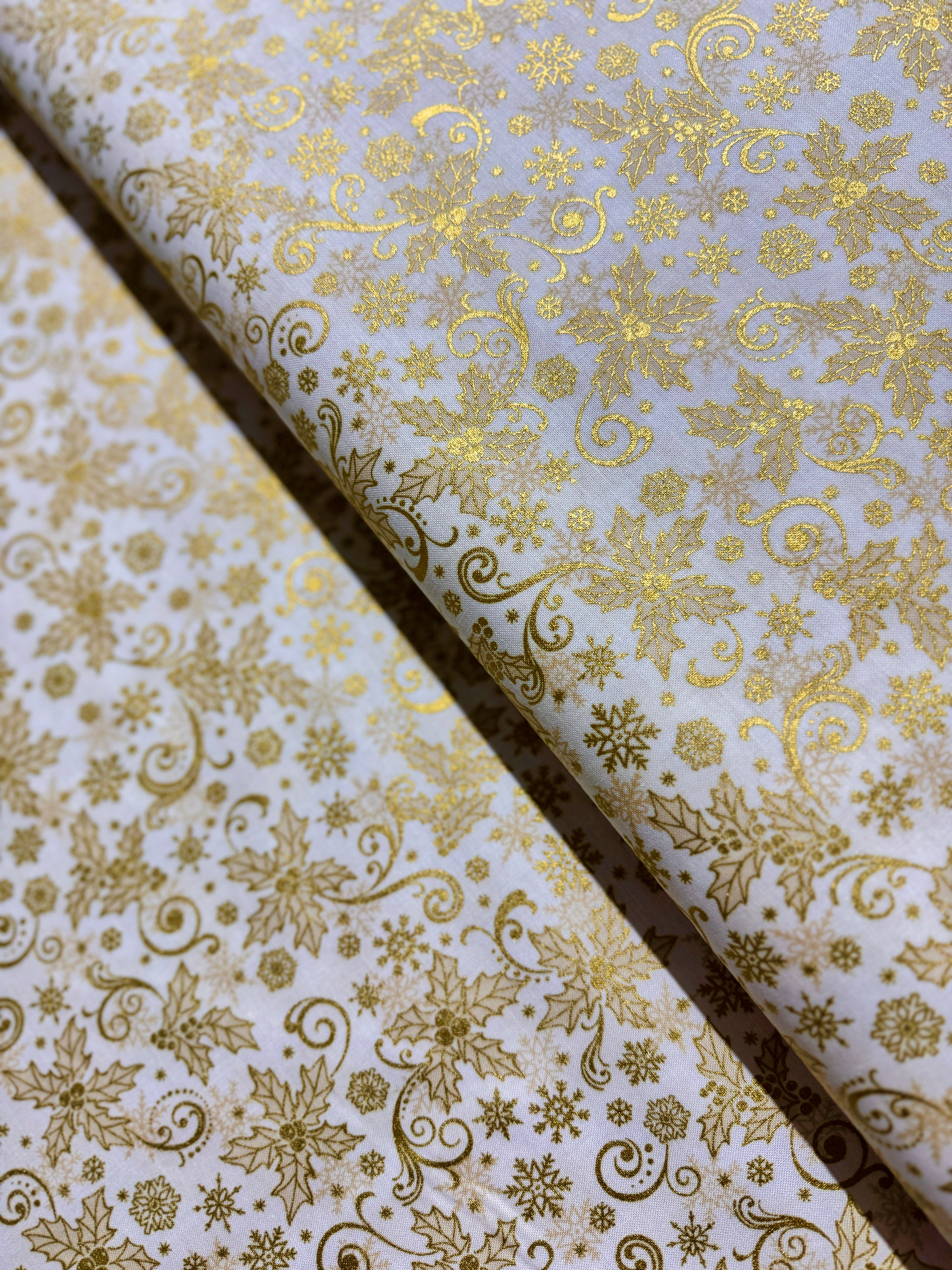 Traditional Trimmings - Gold Swirls Snowflakes on Ivory Yardage