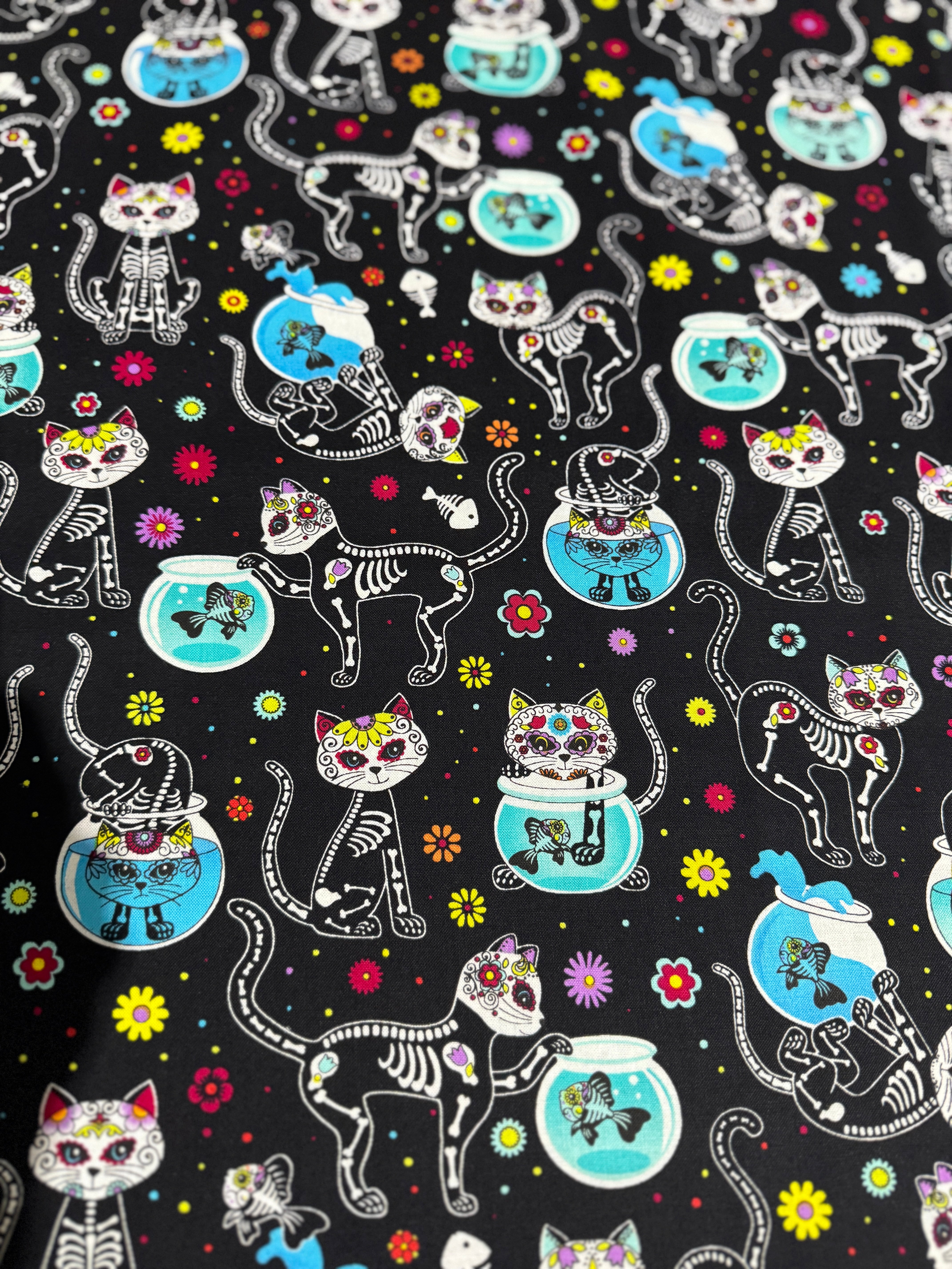 Sugar Skulls - Cat Skeletons & Fishbowls Yardage