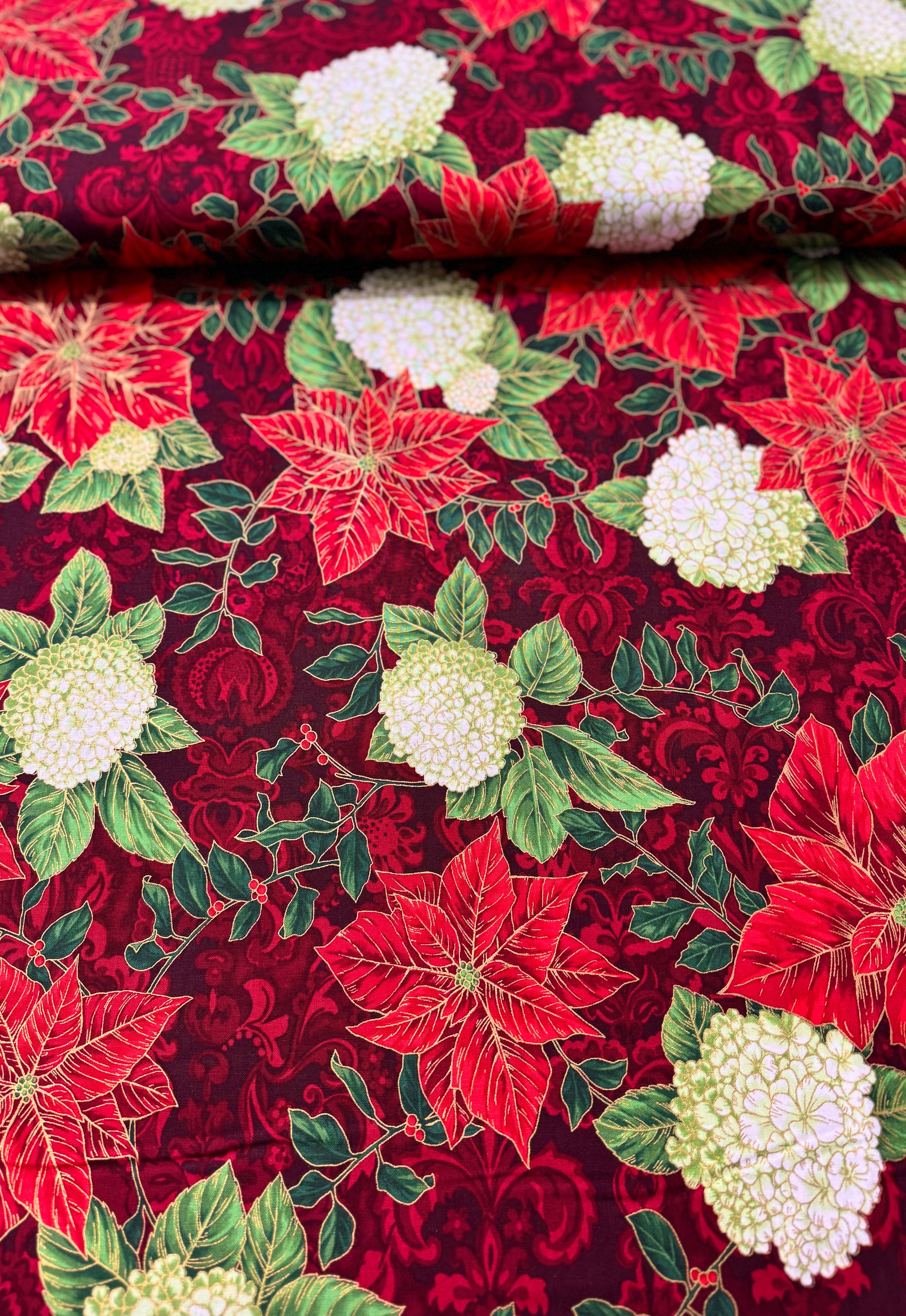 Holiday Flourish-Snow flower - Poinsettia Blooms Cranberry Gold Metallic Yardage