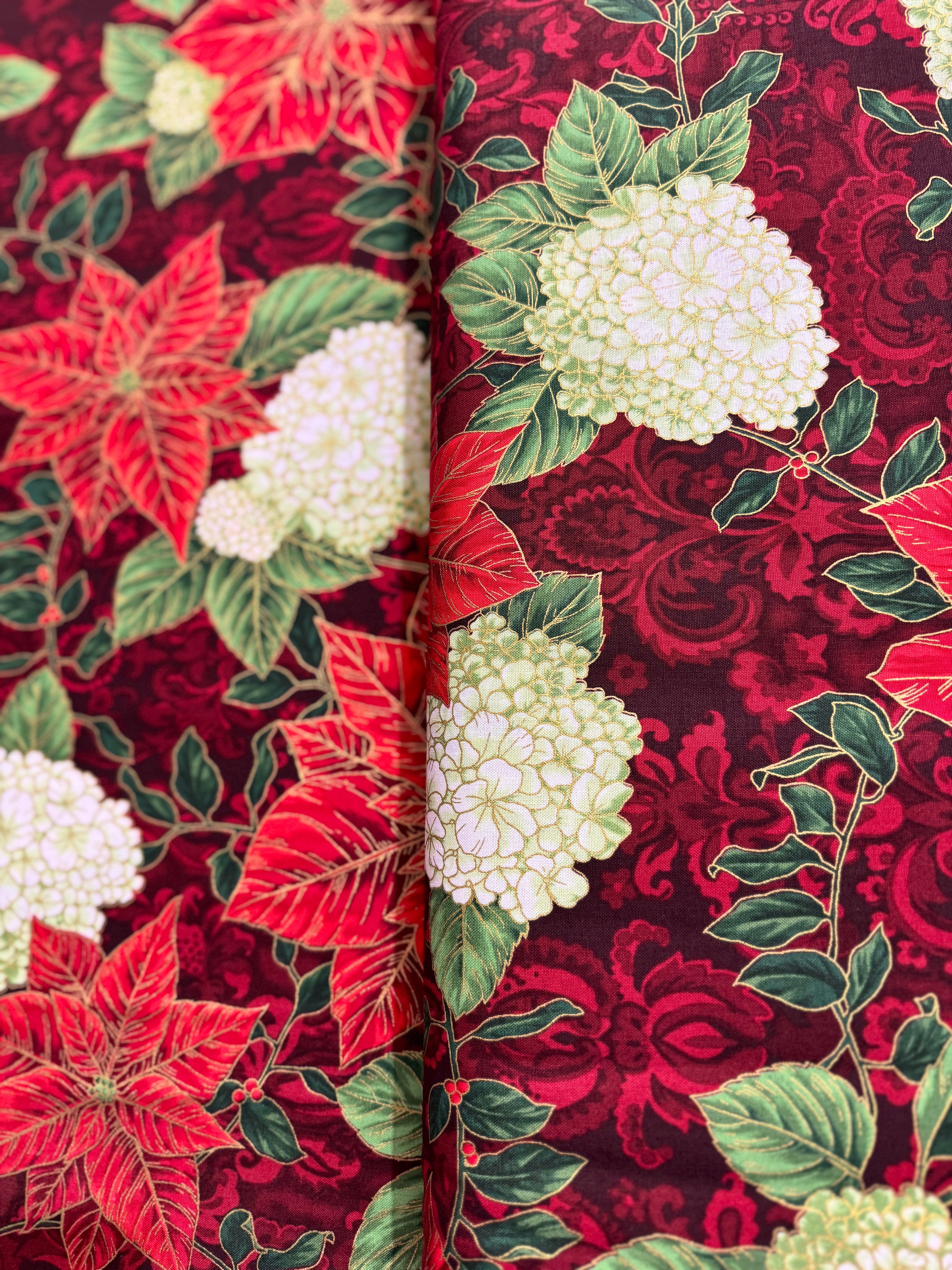 Holiday Flourish-Snow flower - Poinsettia Blooms Cranberry Gold Metallic Yardage