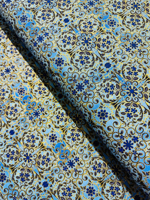 Decadent Garden - Florals Swirls Blue Metallic Yardage