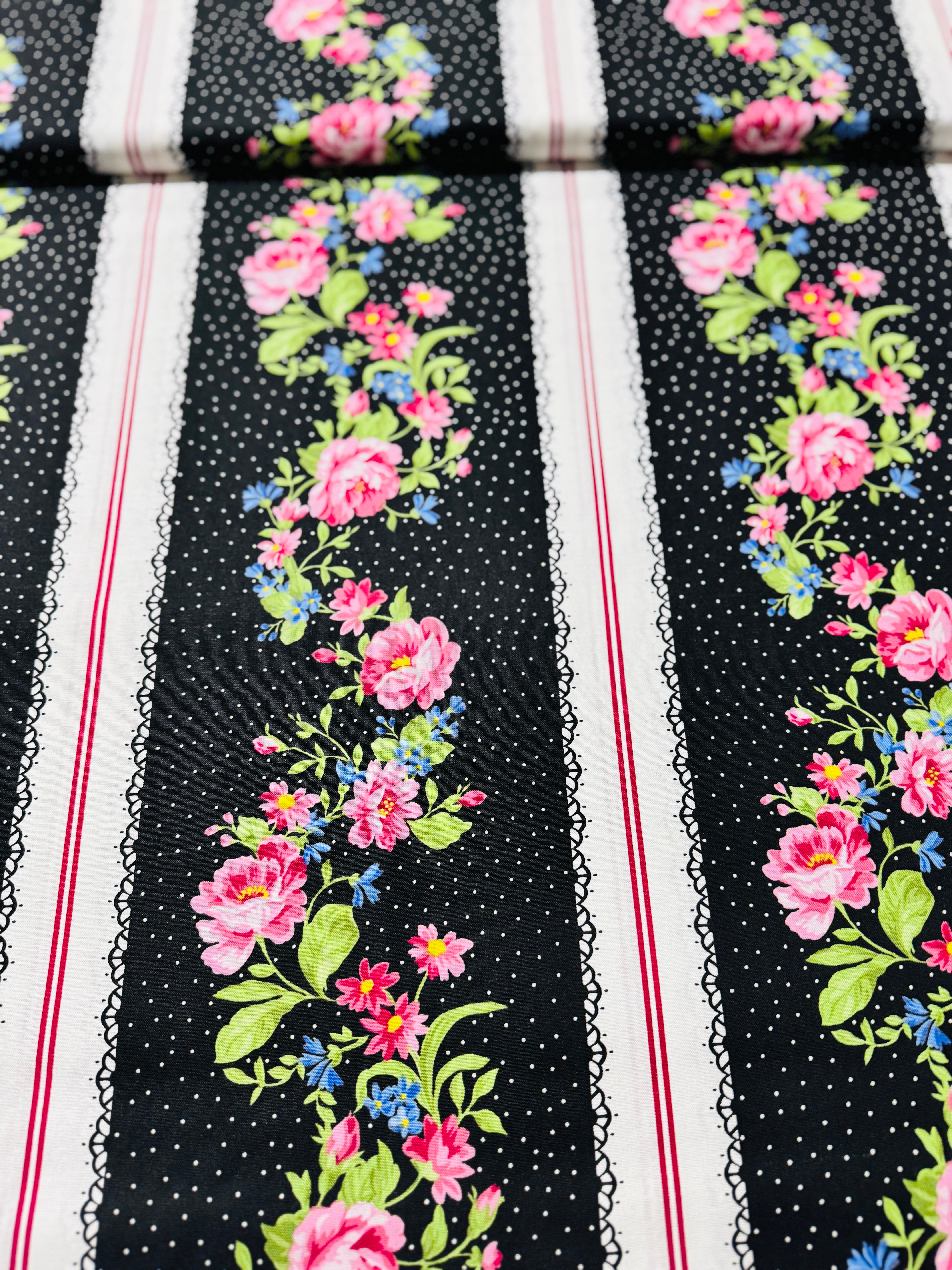 Flowerhouse Pretty Sweet - Floral Stripe Black Yardage