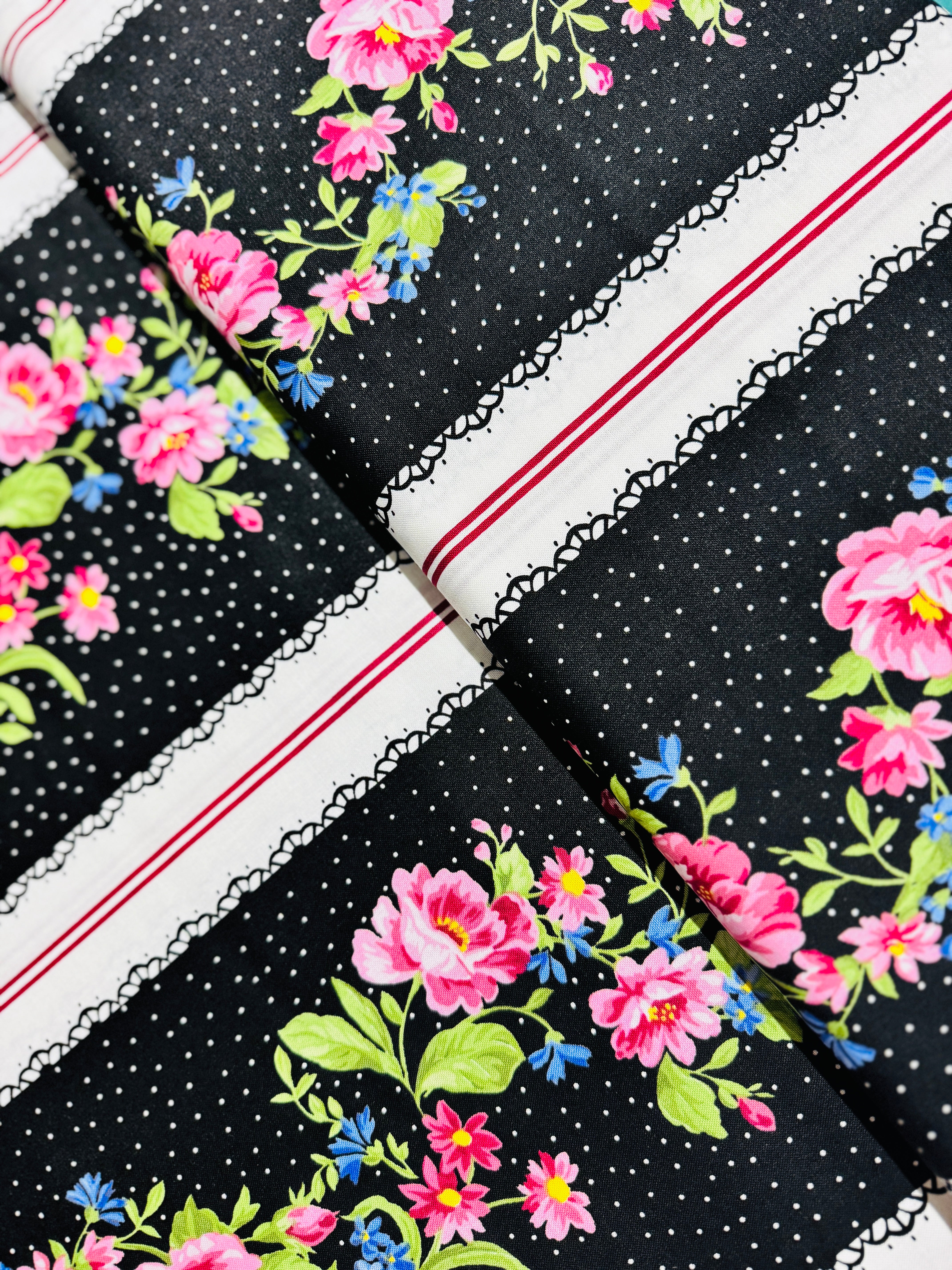 Flowerhouse Pretty Sweet - Floral Stripe Black Yardage