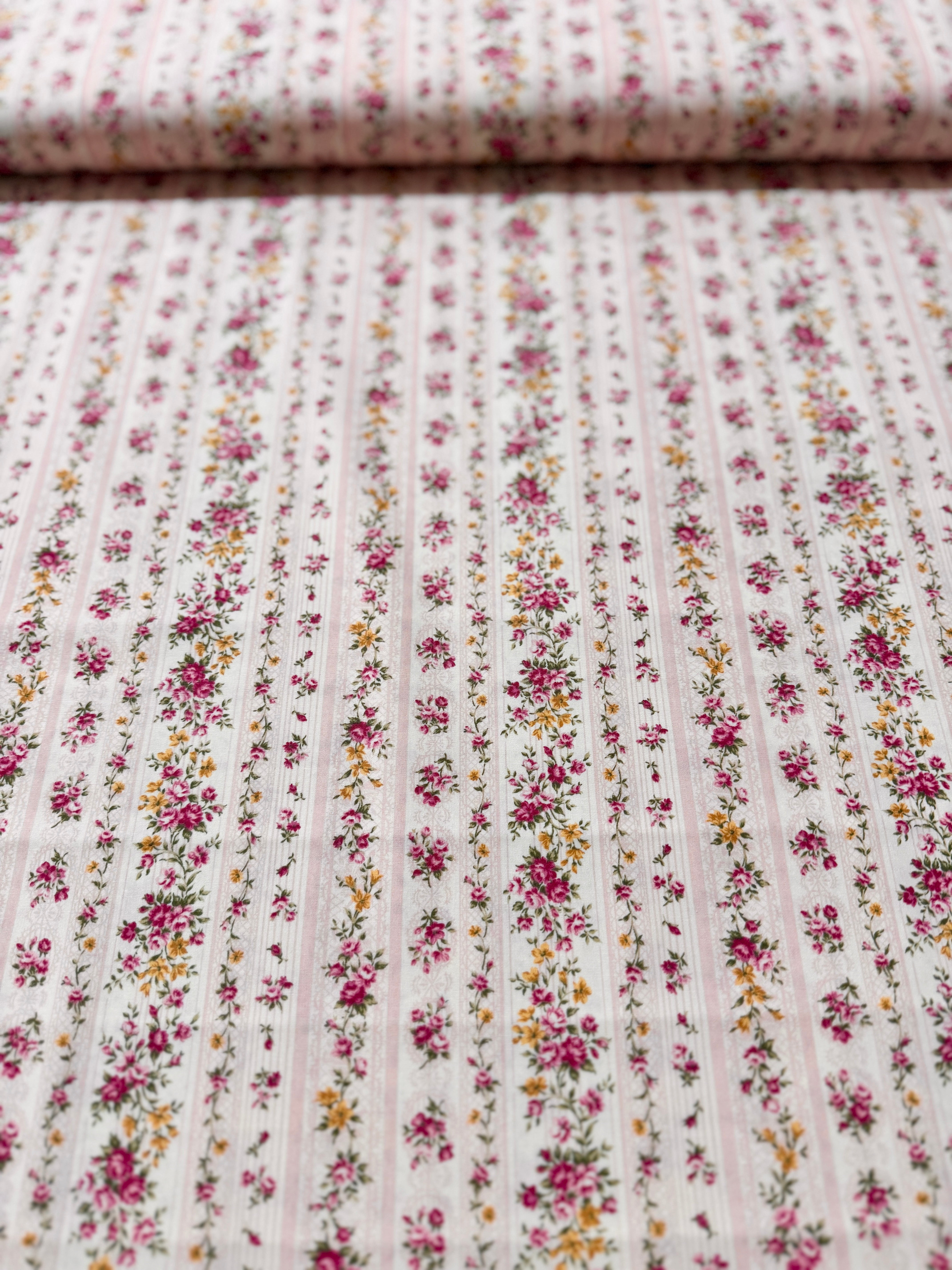 Sevenberry Petite Victoriana - Floral Stripes Pink Yardage