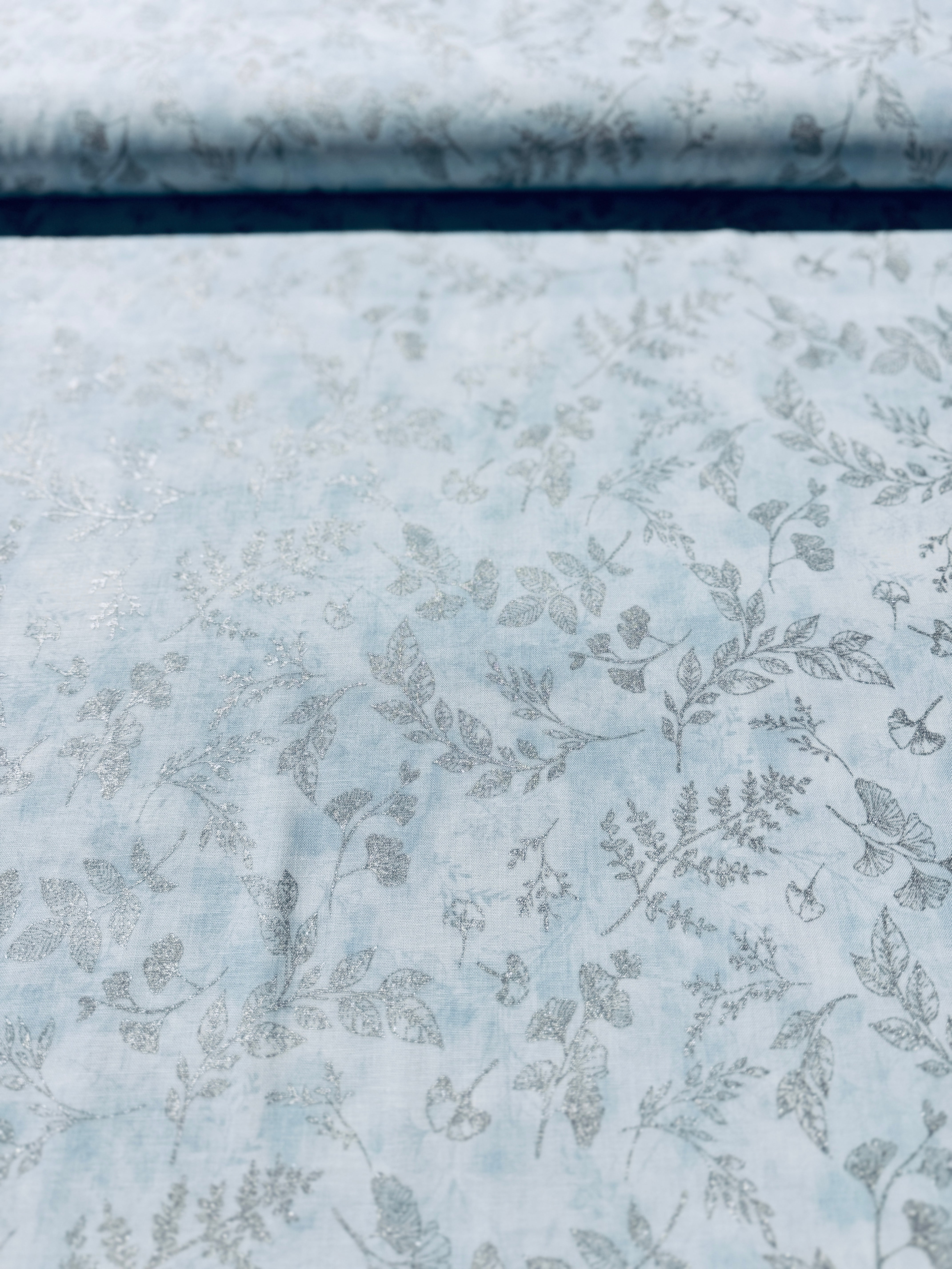 Fly Home For Winter - Tossed Leaves And Sprigs Ice Blue/Silver Metallic Yardage