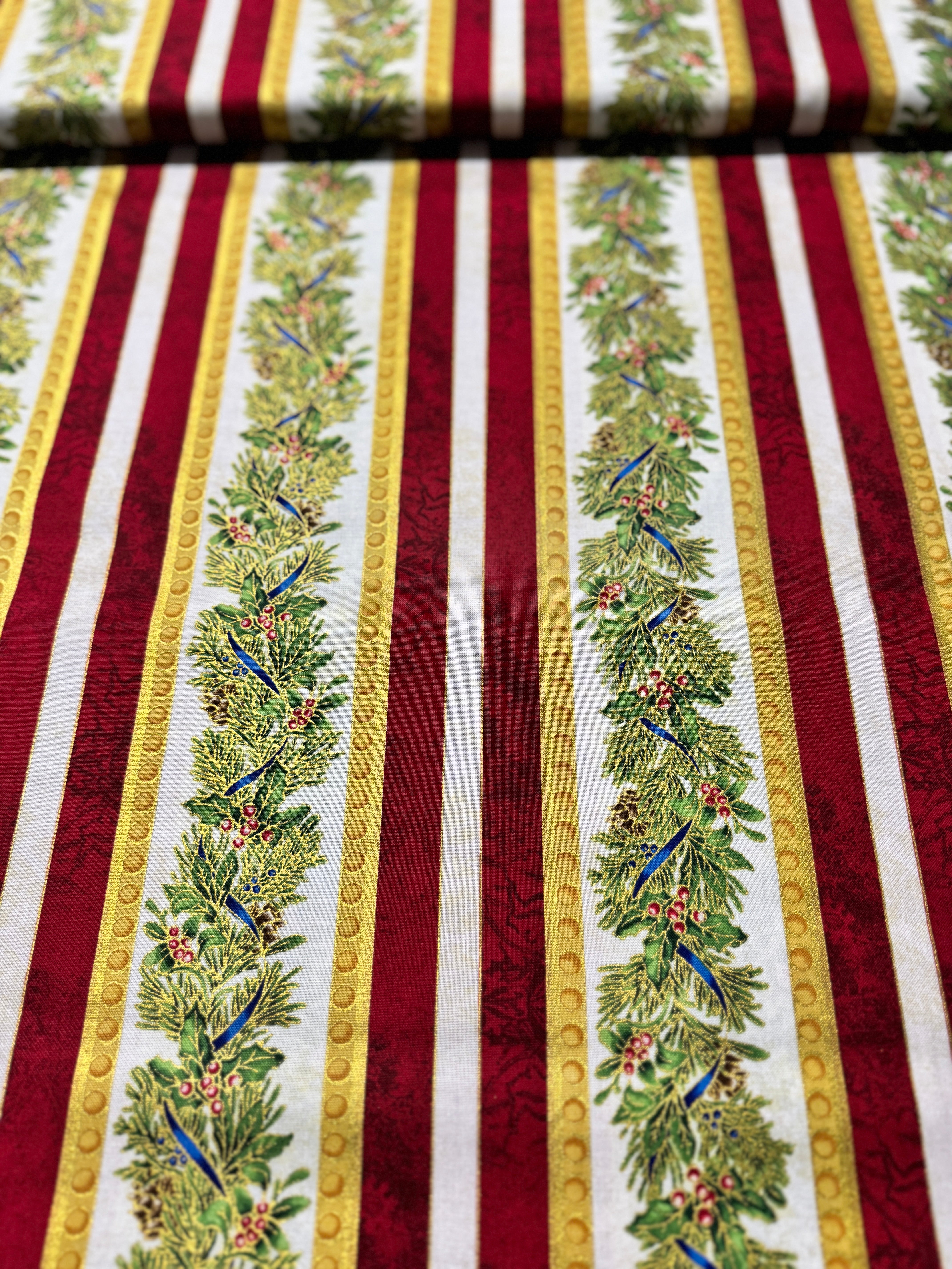 Winter's Grandeur 8 - Holiday Gold Metallic Pine Branch Stripes Yardage