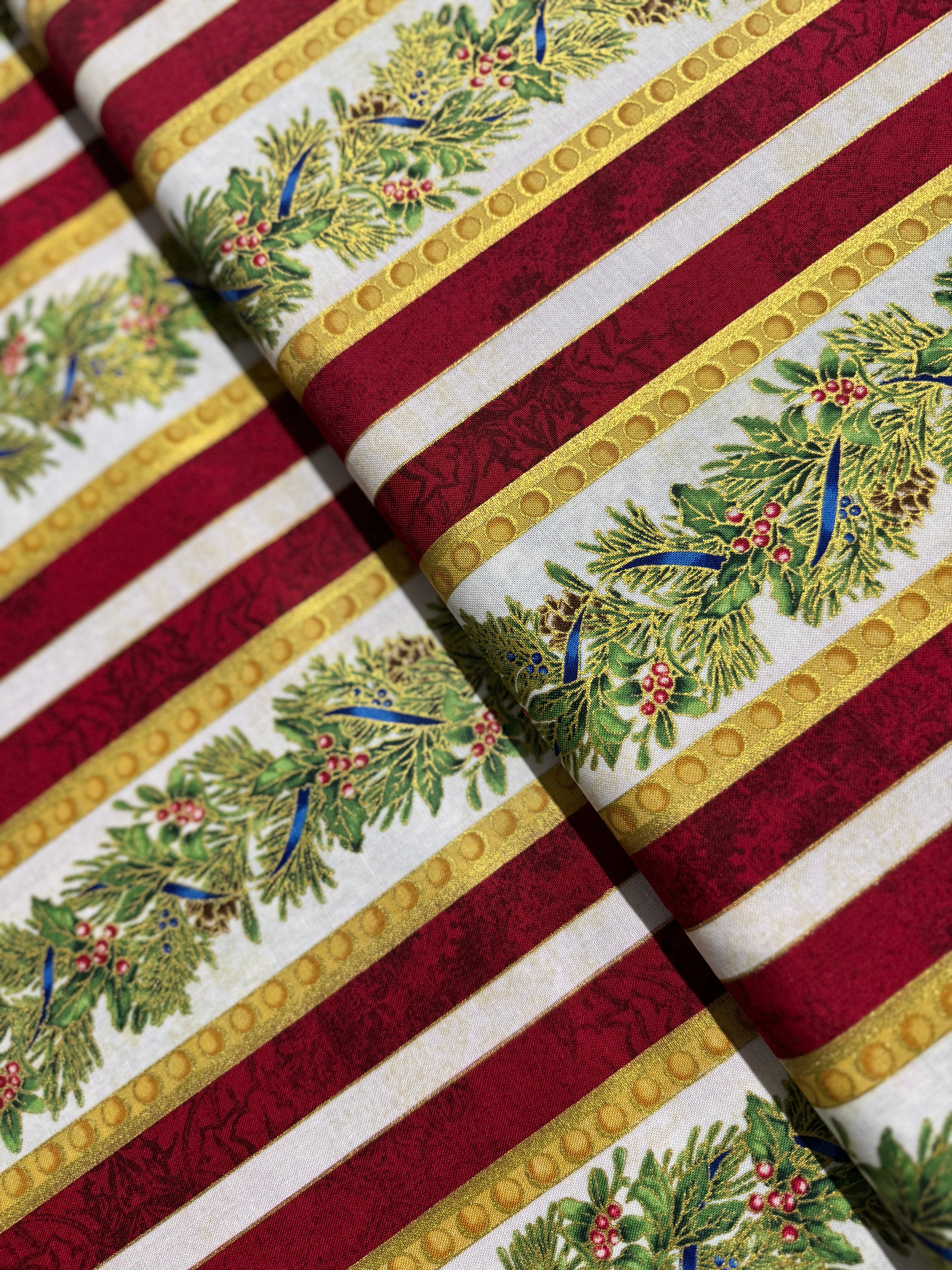 Winter's Grandeur 8 - Holiday Gold Metallic Pine Branch Stripes Yardage