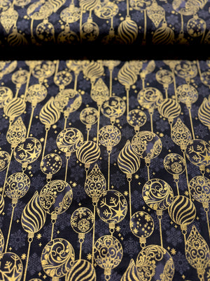 Traditional Trimmings - Gold Ornaments on Black Yardage