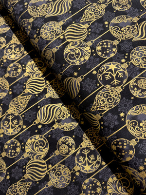 Traditional Trimmings - Gold Ornaments on Black Yardage