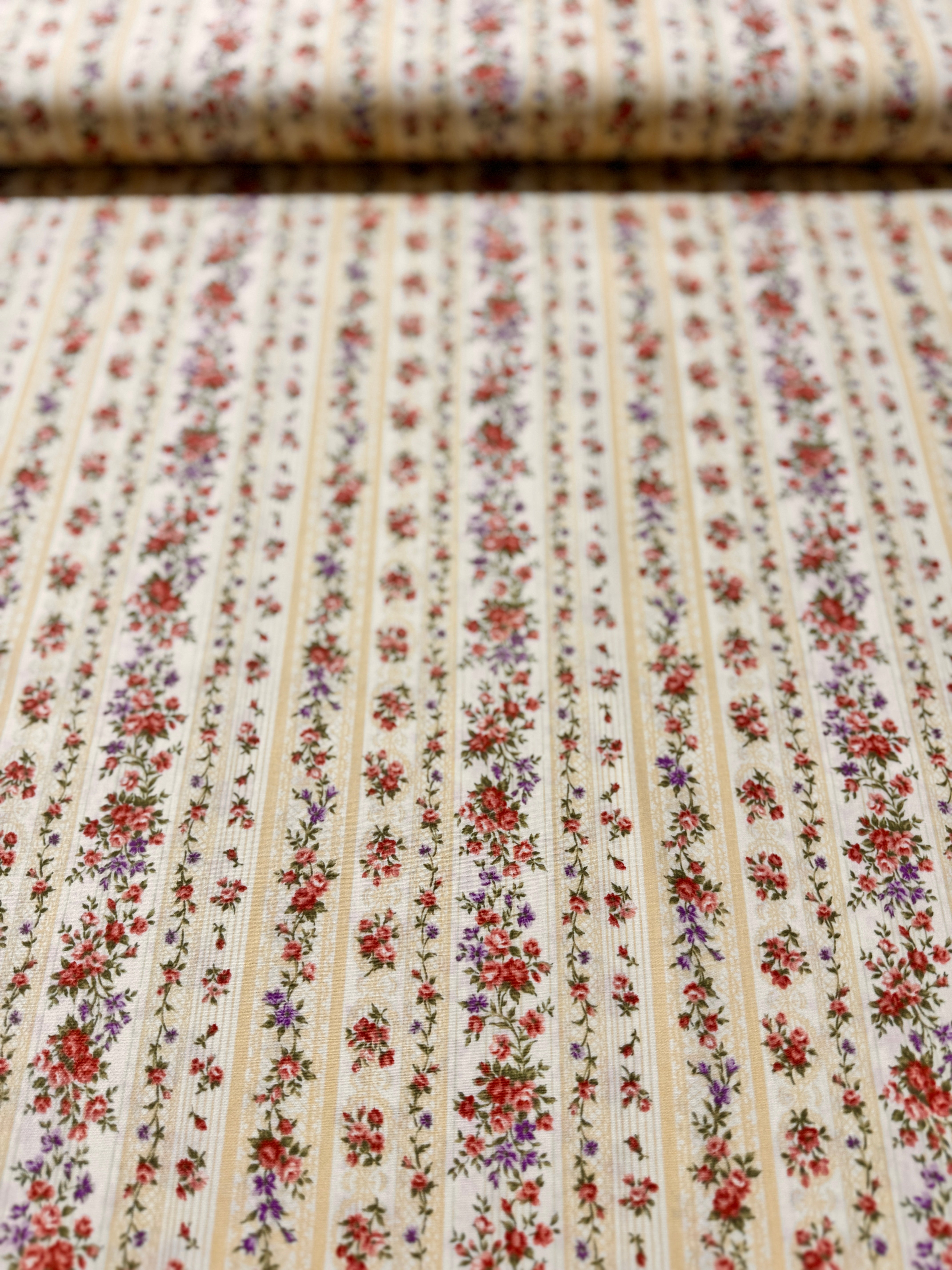 Sevenberry Petite Victoriana - Floral Stripes Natural Yardage