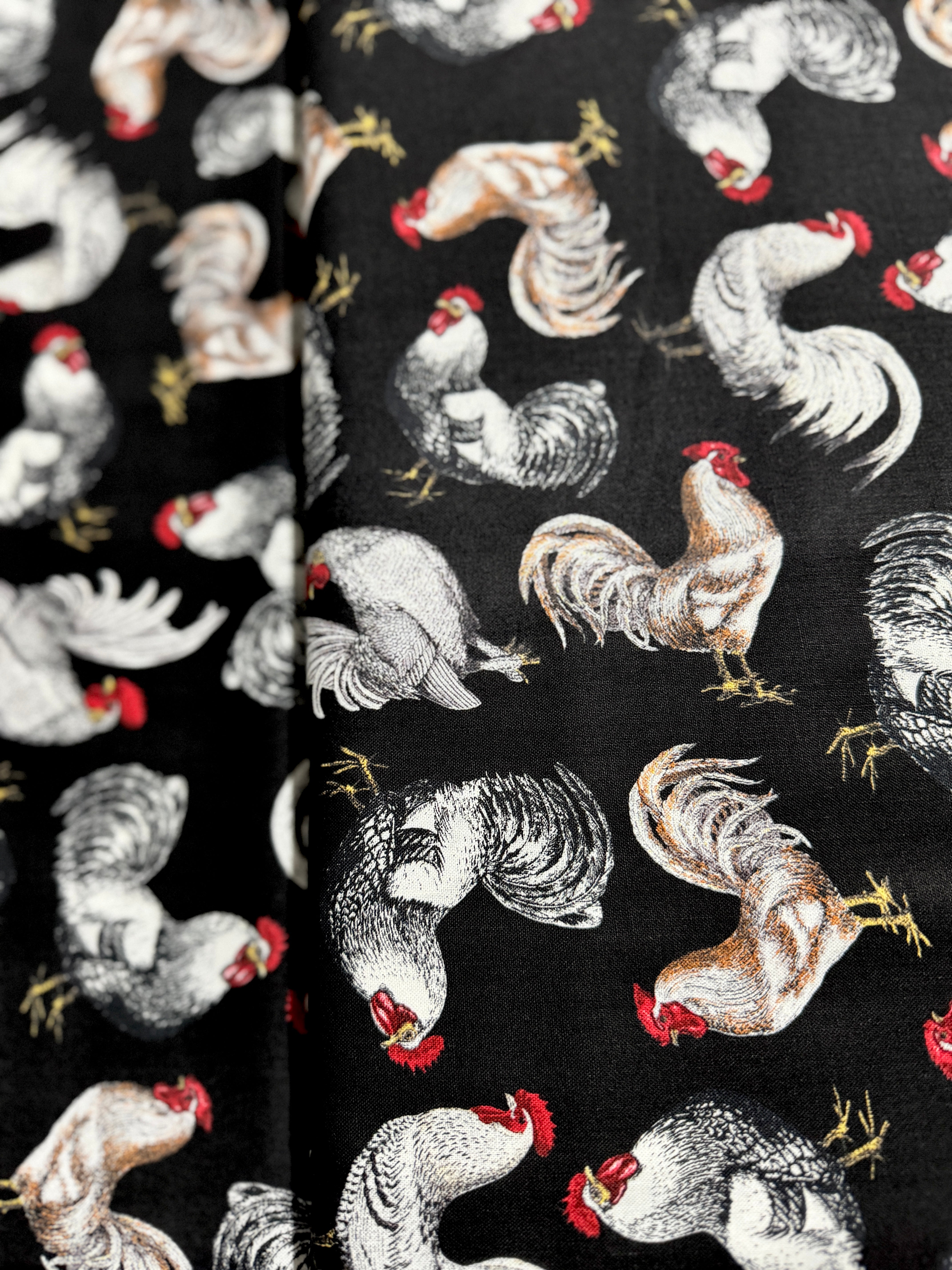 French Country - French Chickens on Black Yardage