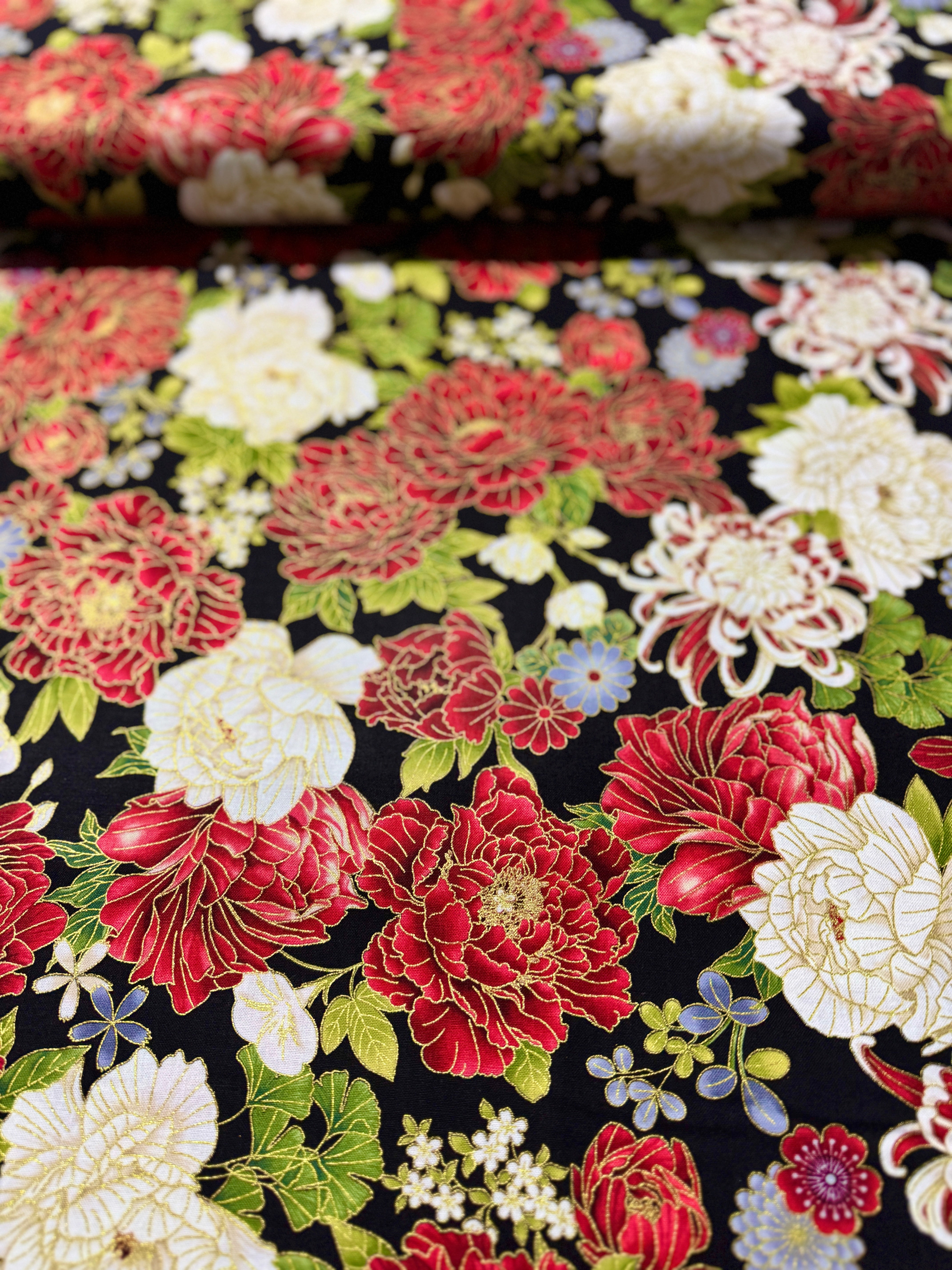 Kyoto Garden - Large Metallic Asian Florals Yardage