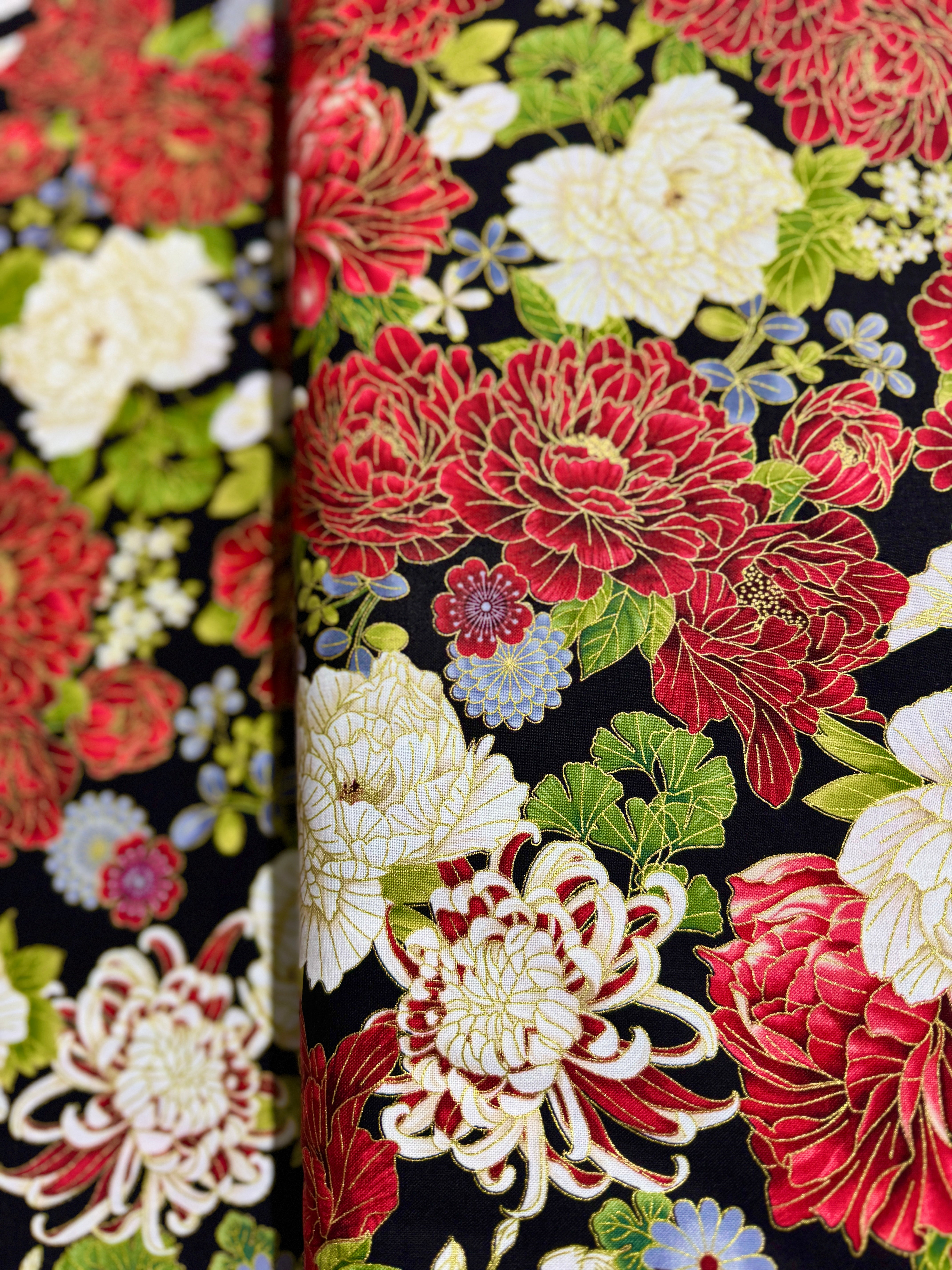 Kyoto Garden - Large Metallic Asian Florals Yardage