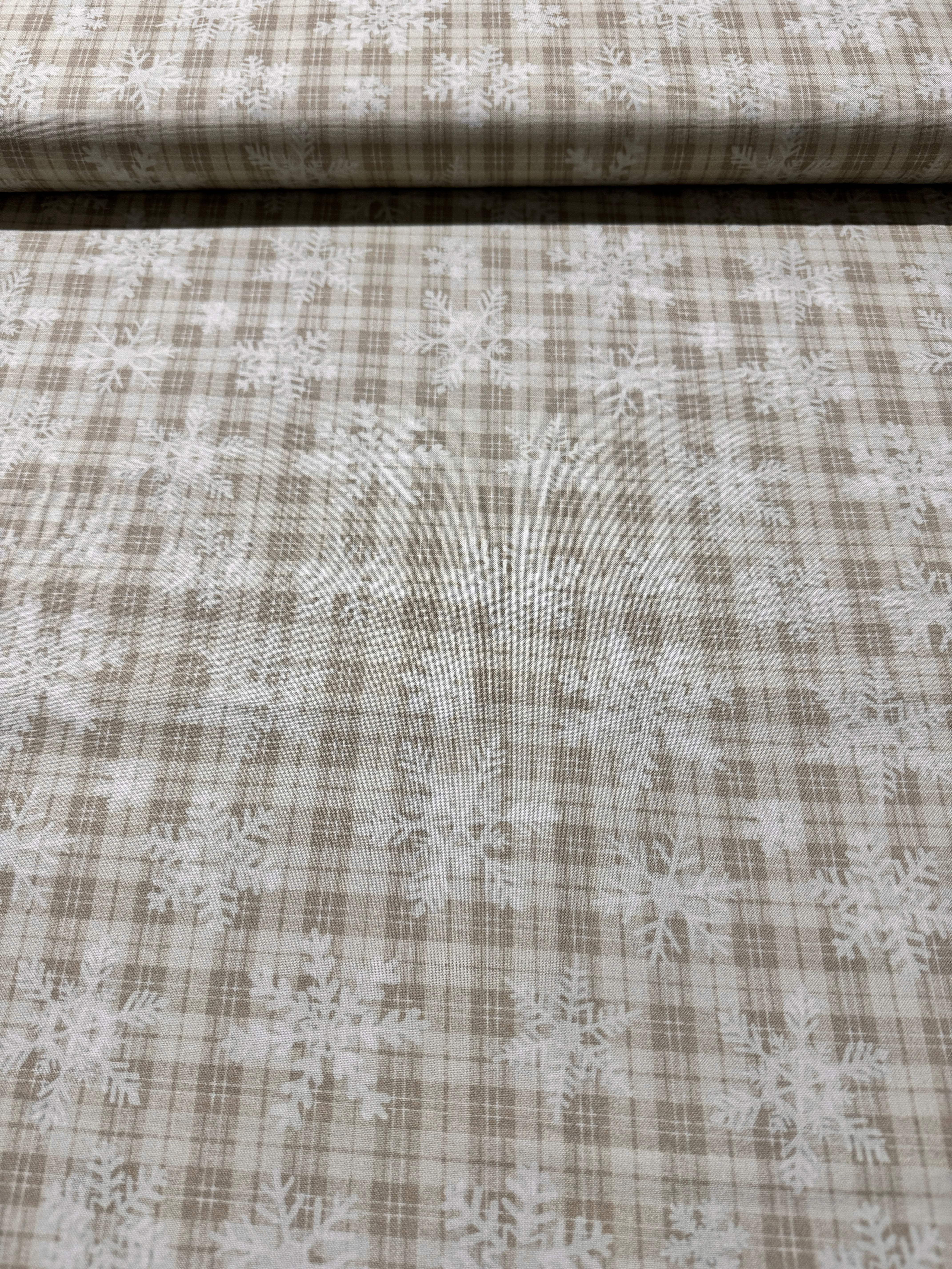 Let it Snow - Snowflakes On Plaid Natural Yardage