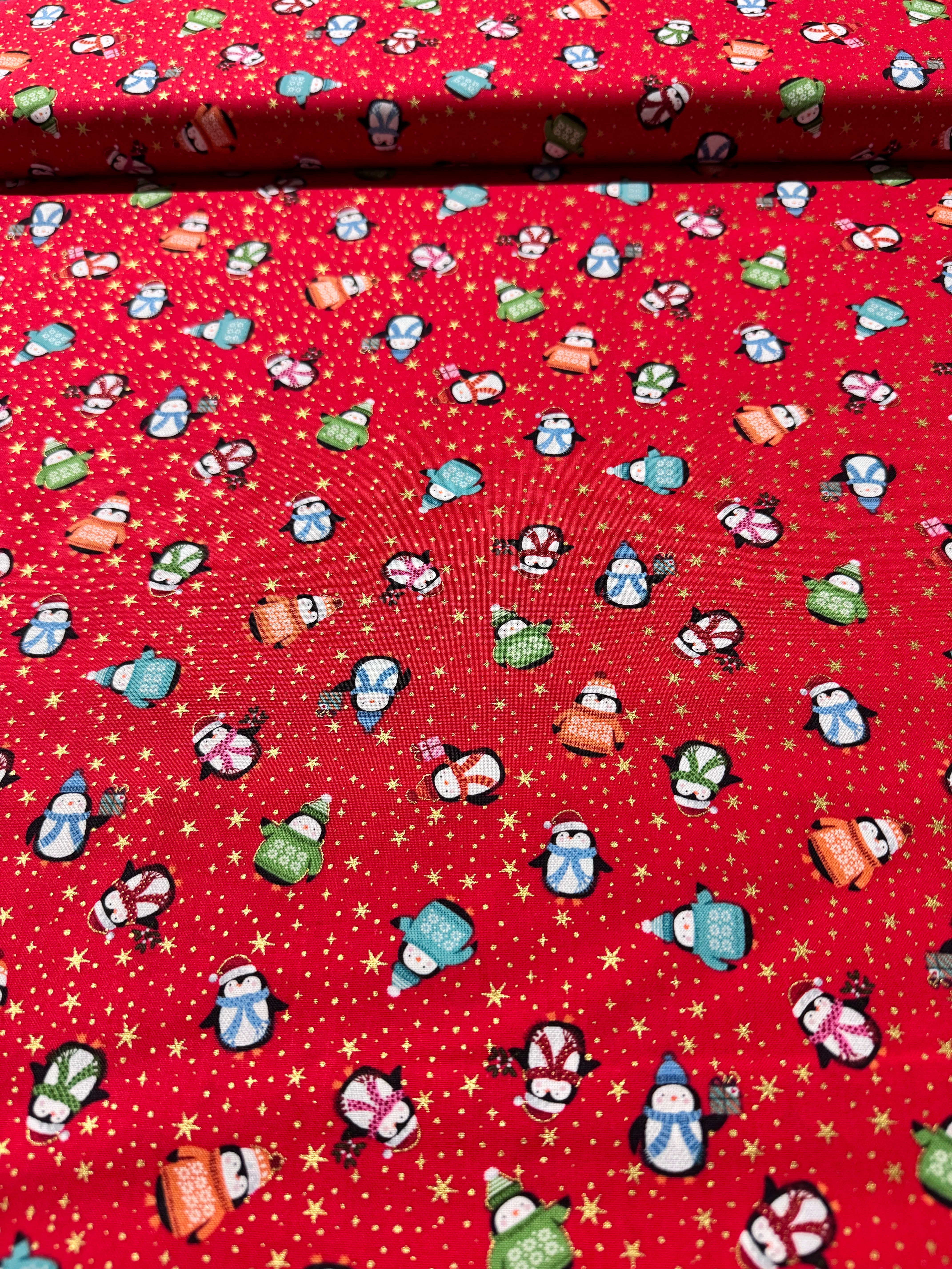 Let it Snow - Penguins Red Metallic Yardage