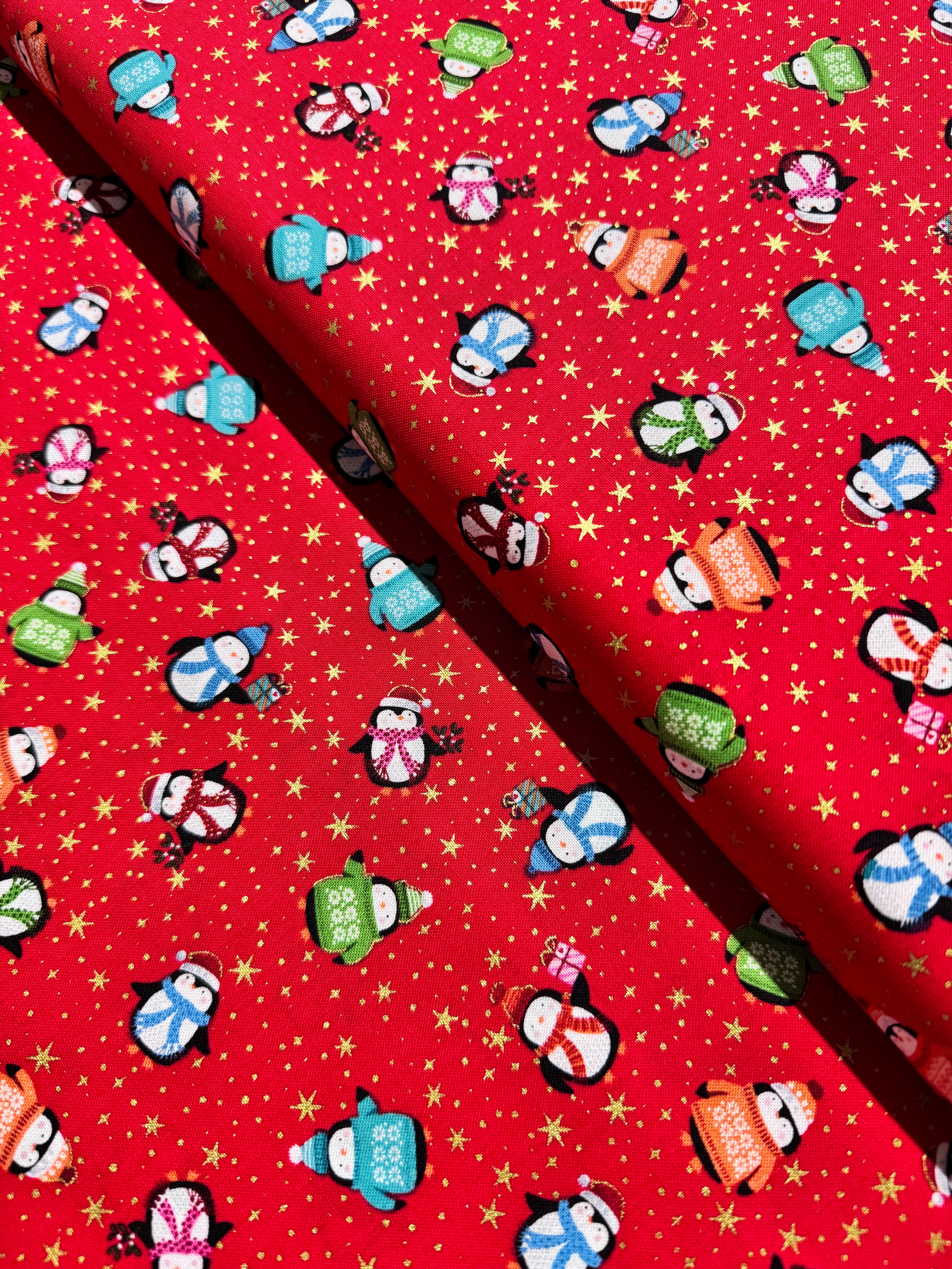 Let it Snow - Penguins Red Metallic Yardage