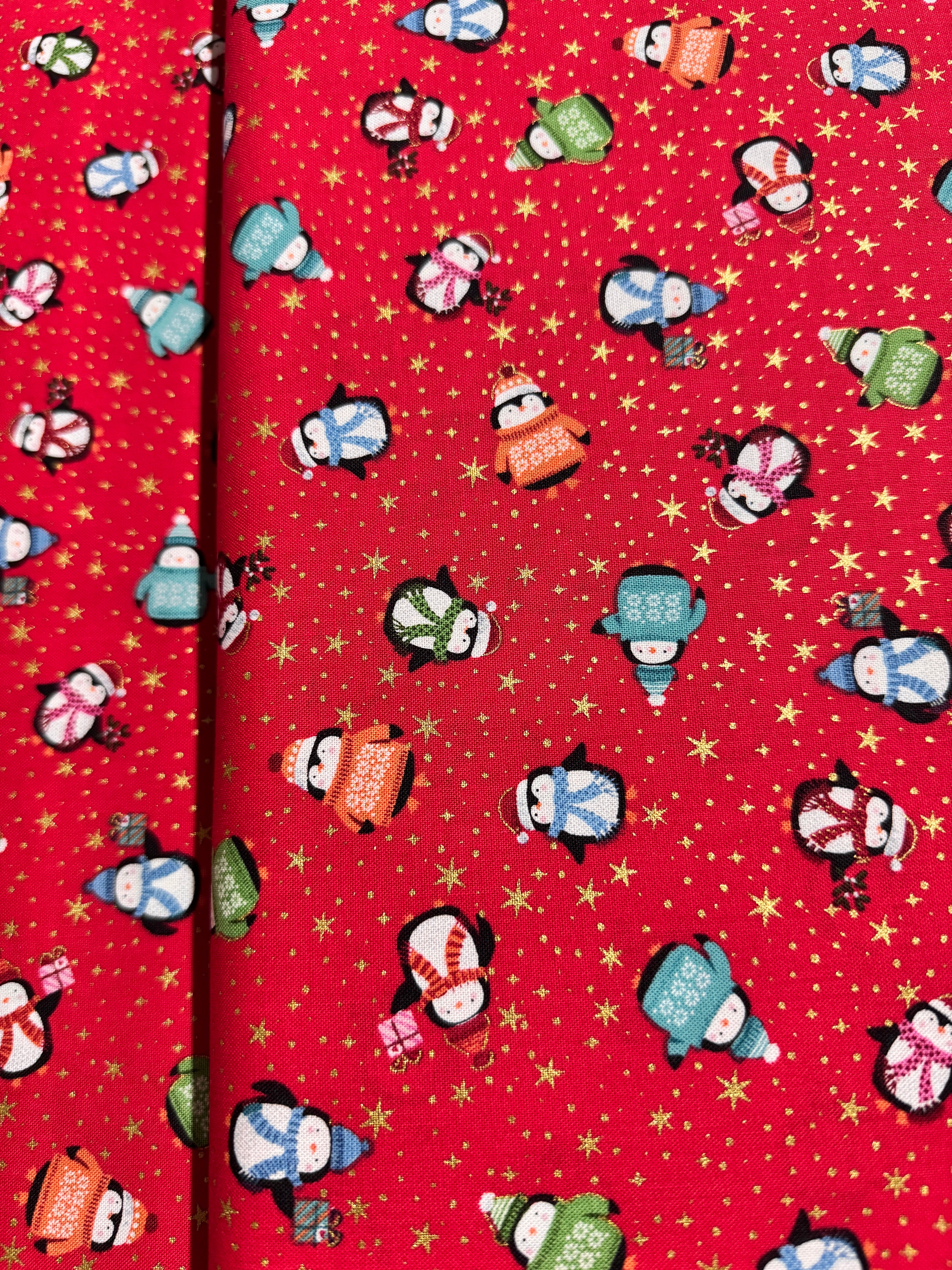 Let it Snow - Penguins Red Metallic Yardage