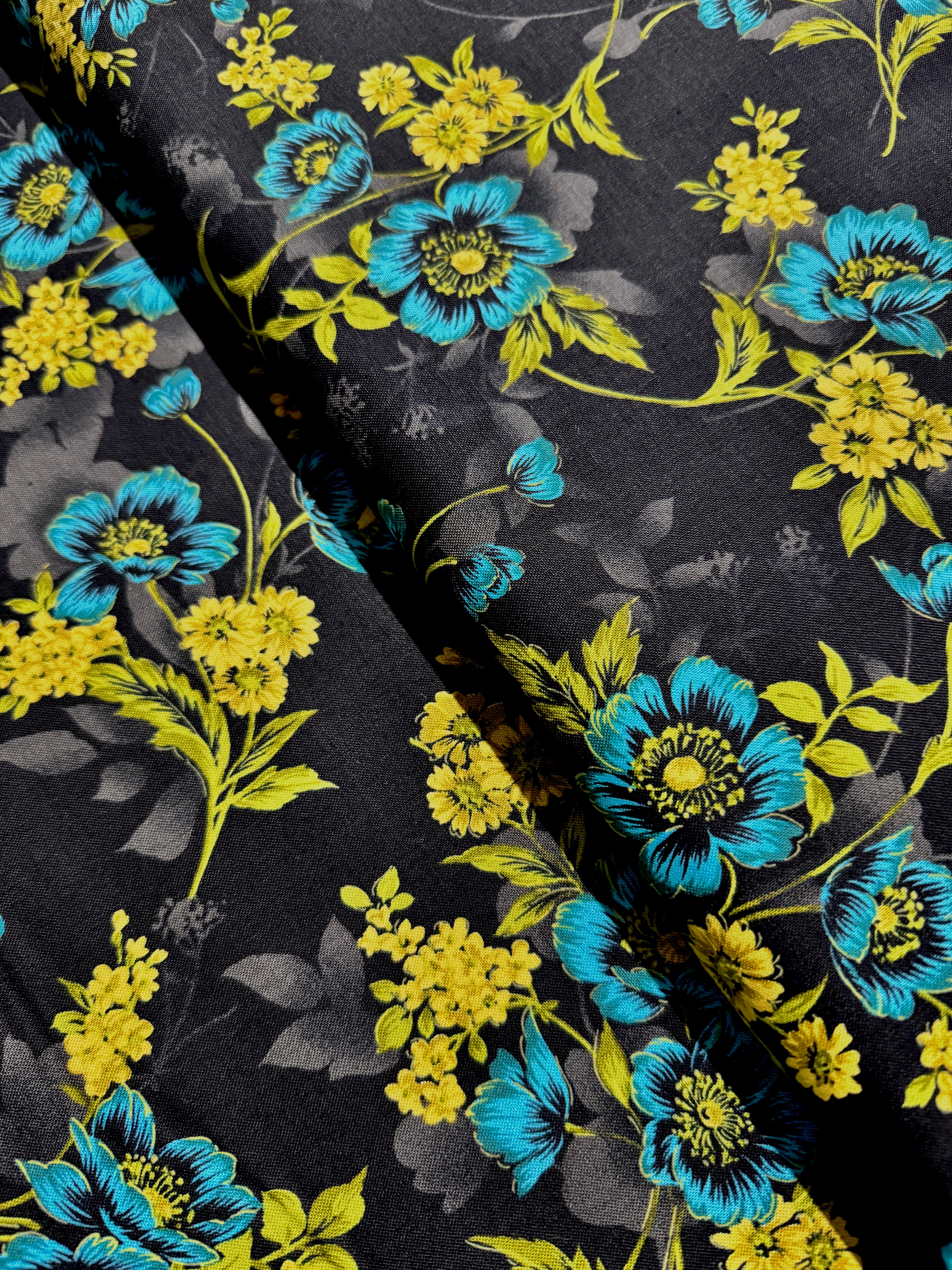 Midnight Garden - Large Floral Teal Yardage