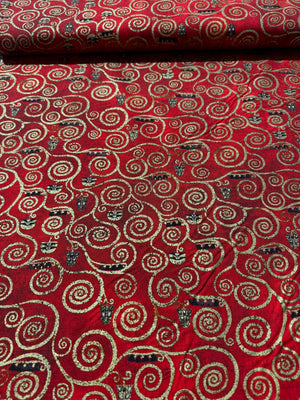 Gustav Klimt - Swirls Red Gold Metallic Yardage