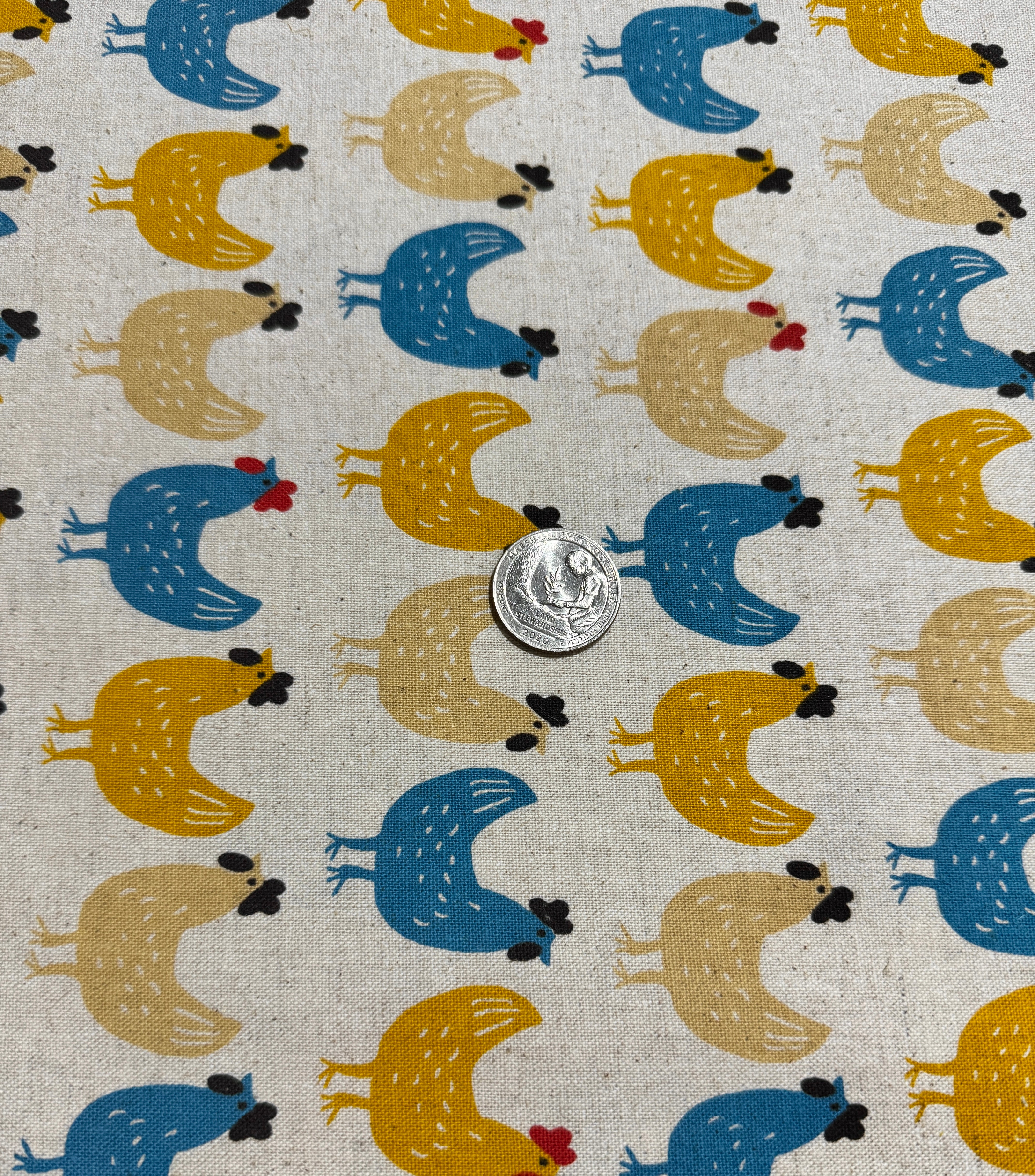 Sevenberry Cotton Flax Prints - Hens on Cream Yardage