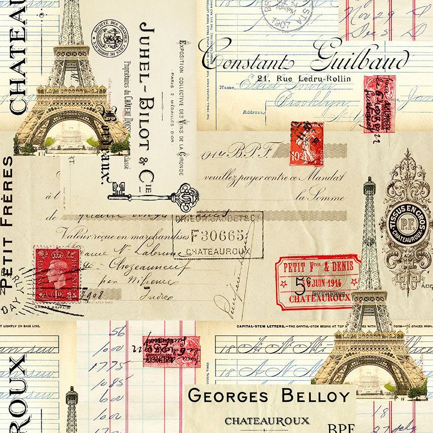 Paris Postcard and Stamps Yardage