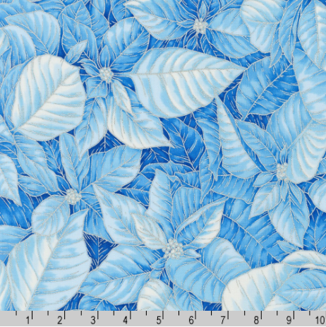 Holiday Flourish-Snow flower - Poinsettias Blue Silver Metallic Yardage