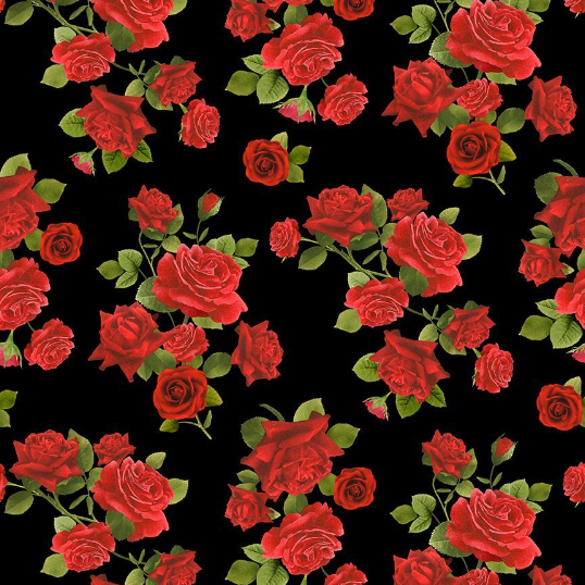 Vintage Rose - Tossed Medium Roses Black Fabric