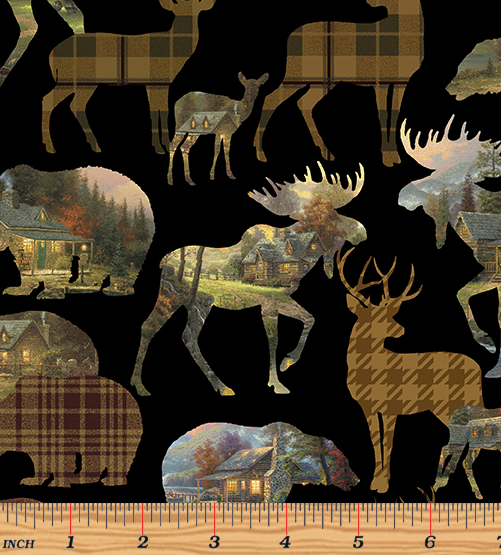 Cozy Cabin - Scenic Woodland Animals Black/Multi