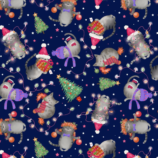 Holiday Cats Navy Fabric by Timeless Treasures