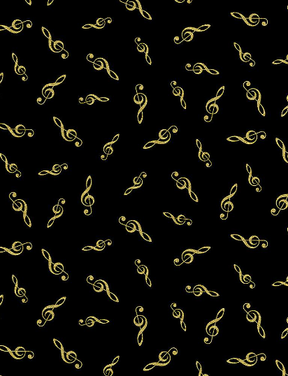 Tossed Metallic G-Clefs Black Fabric