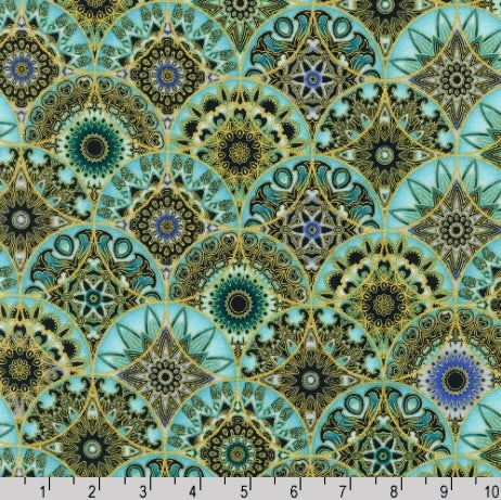 Jaikumari - Medallions Aqua Metallic Fabric