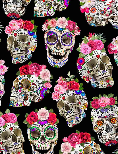 Day of the Dead Skulls With Flower Crowns Fabric