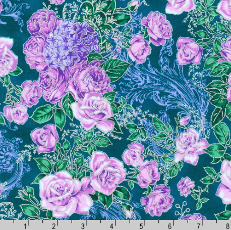 Mystic Moon - Floral Teal Metallic Fabric