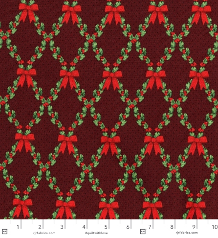 Let it Sparkle - Bows And Holly - Radiant Crimson Metallic Yardage