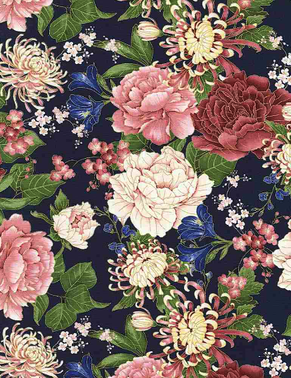 Sakura Chrysanthemums and Peonies Navy