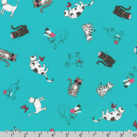 Kaufman - Fancypants - Cats Teal Blue Fabric