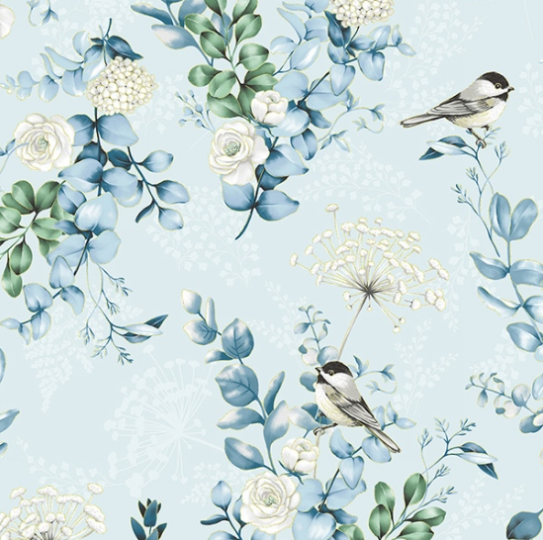 Chickadee Cheer - Chickadees Flowers Dusty Blue/Gold