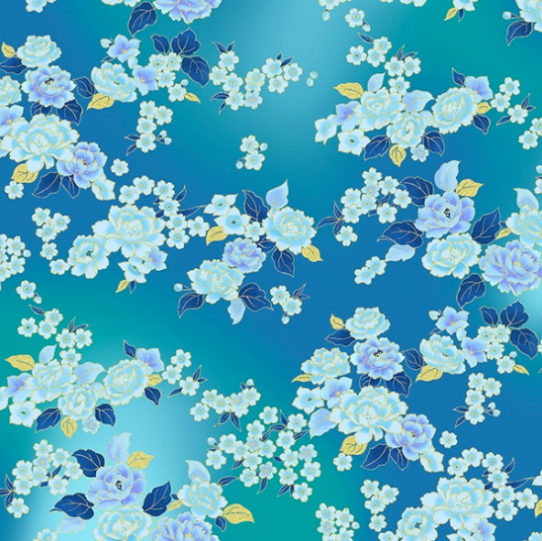 Graceful Garden - Floral Aquamarine/Gold Fabric